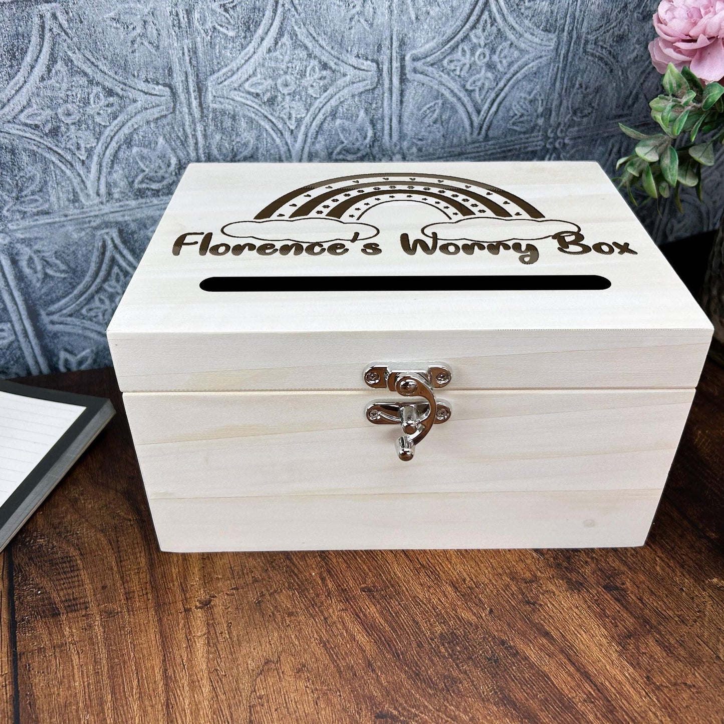 Worry Box Rainbow Heart Engraved Personalised Primary School Dropbox