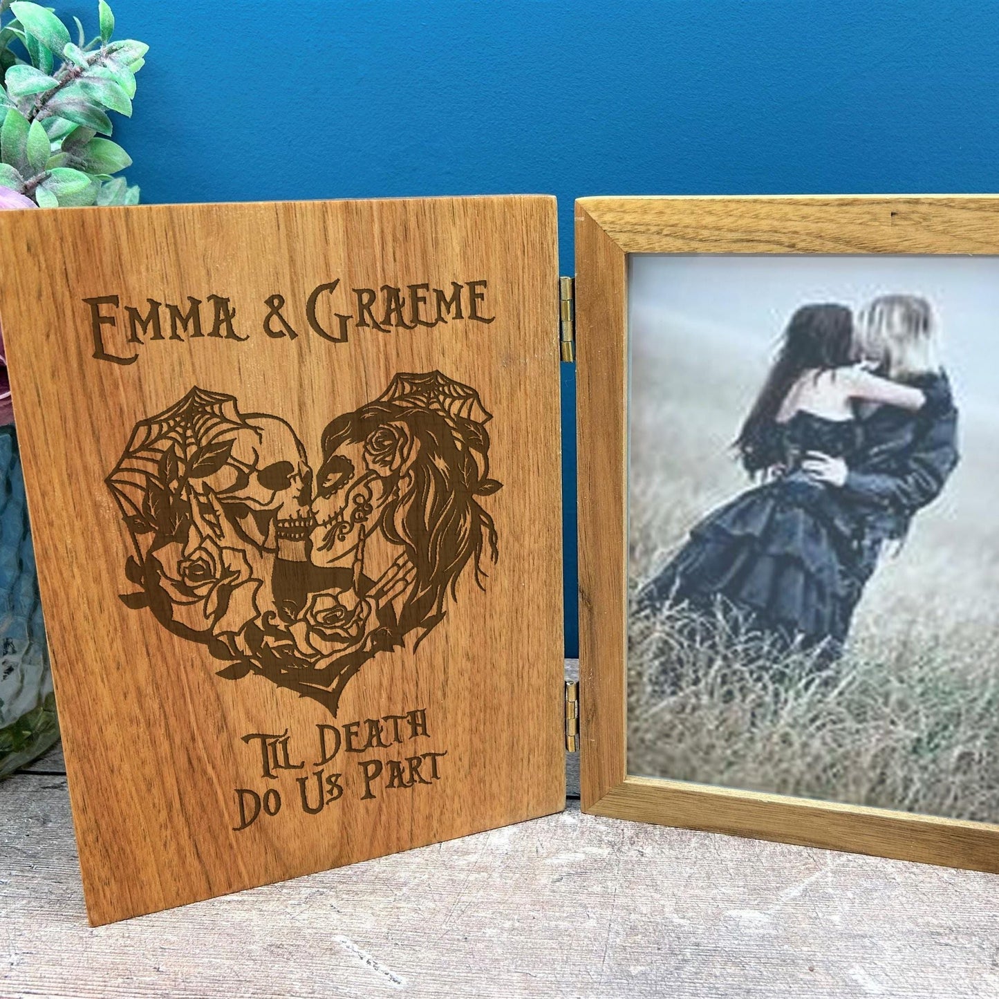 Personalised Sugar Skull Couple, Wedding, Anniversary Photo Frame. 'Til Death Do Us Part' Gothic, Goth, Emo, Horror Themed Gift. Solid Oak