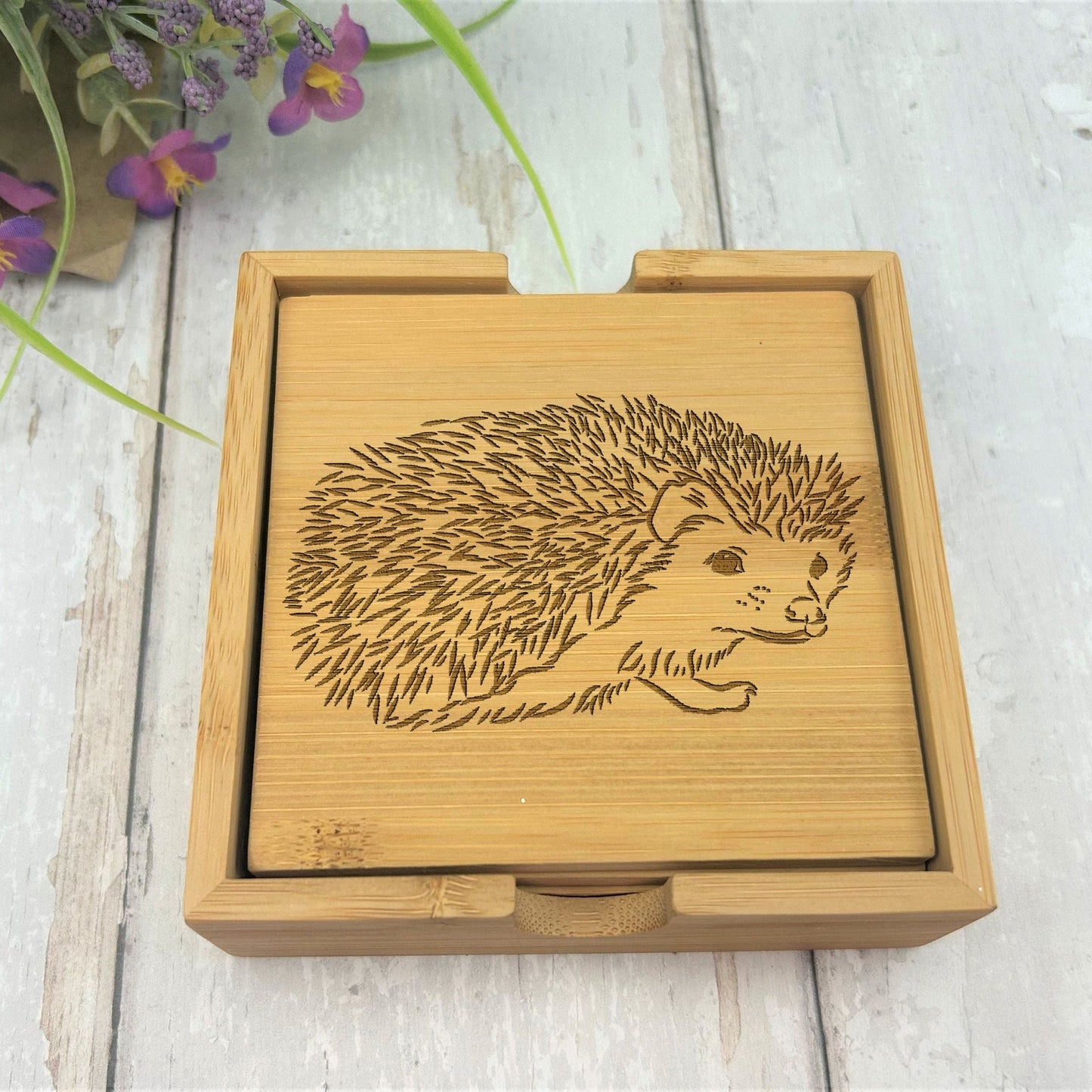 Hedgehog Cottage Core Engraved Bamboo Coaster Set New Home Décor House Warming Gift Christmas Gift Birthday Present Woodland Animal