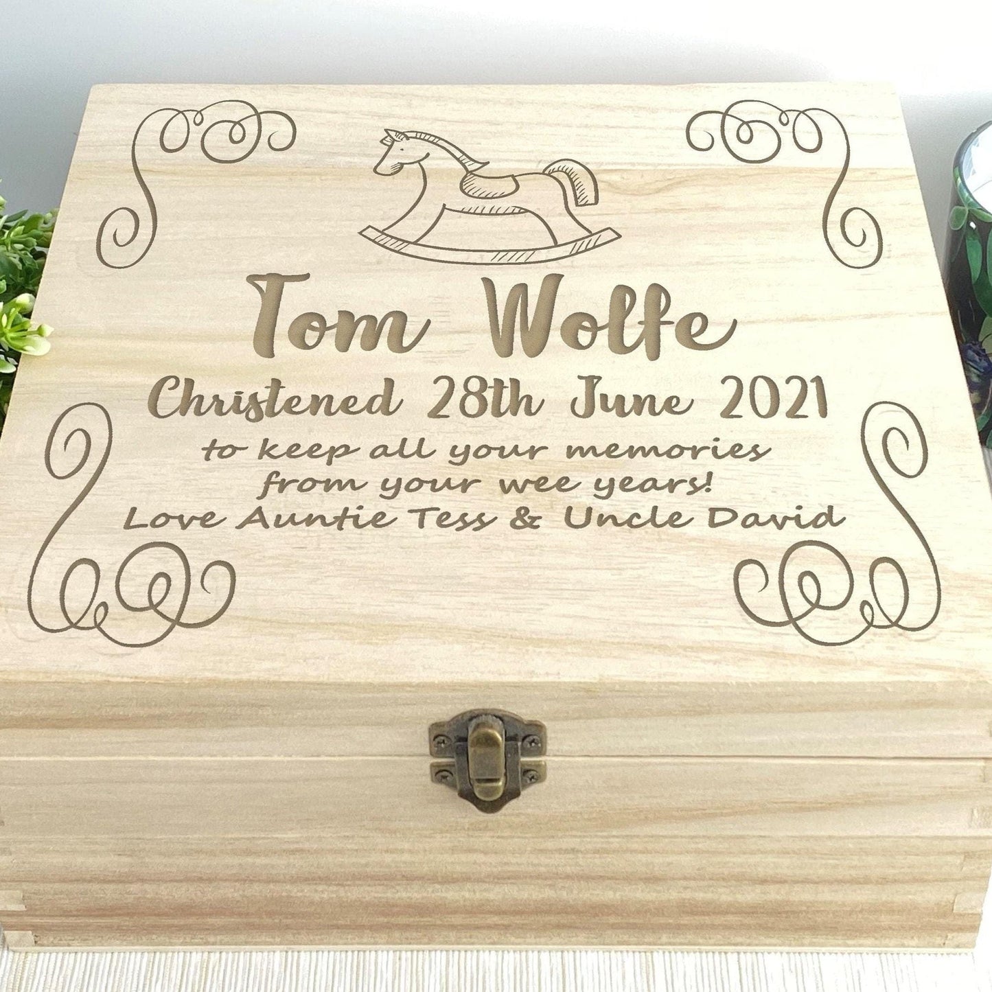 Rocking Horse Wooden Keepsake Memory Box Christening / New Baby Personalised Gift