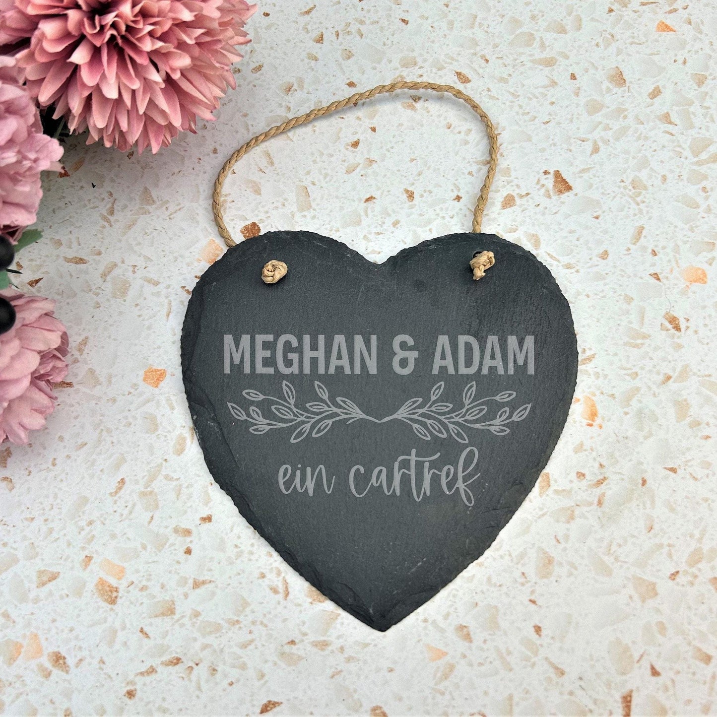 Ein Cartref Welsh Language Our Home - Personalised Slate Heart Plaque