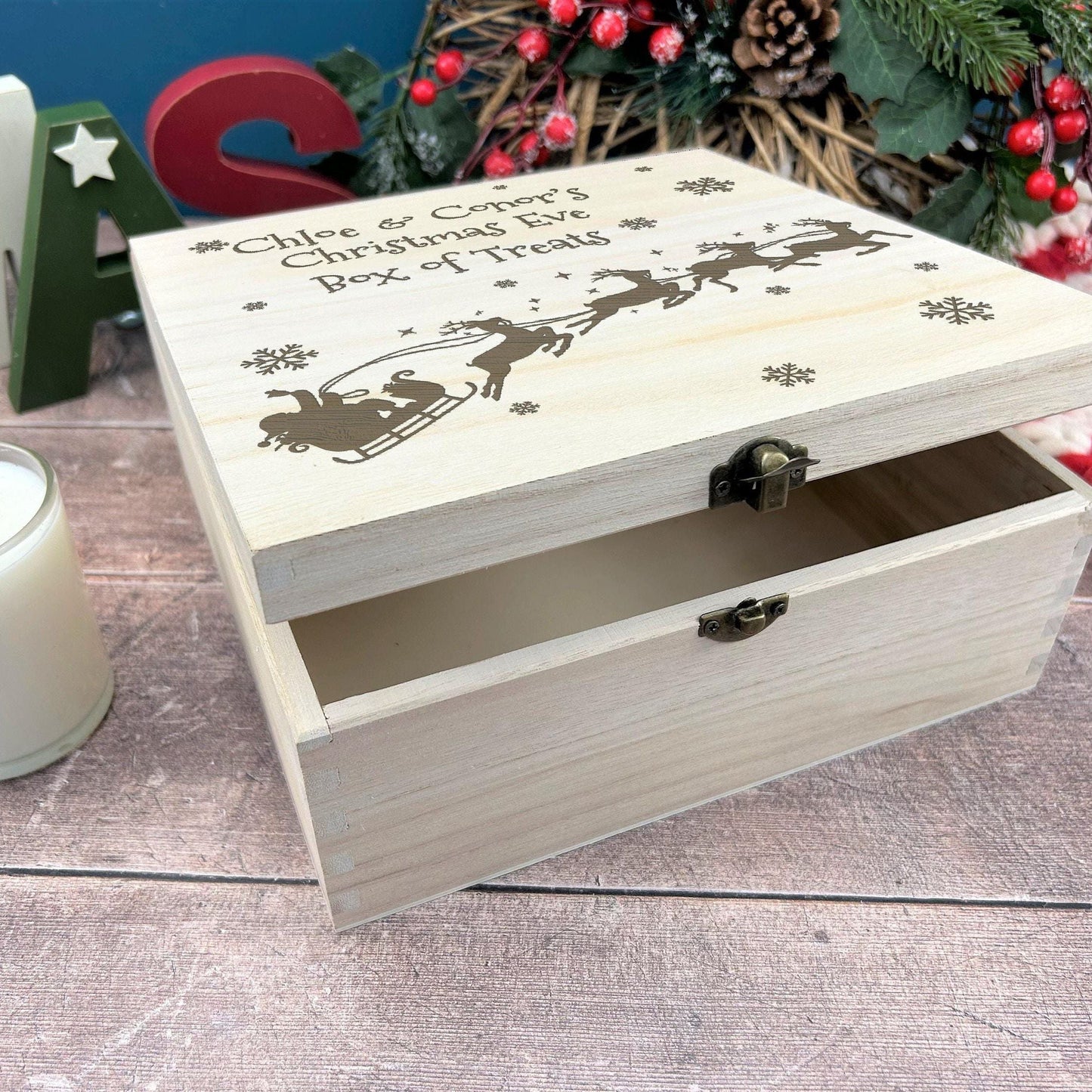 Santa Sleigh and Reindeer Silhouette Engraved Personalised Christmas Eve Box