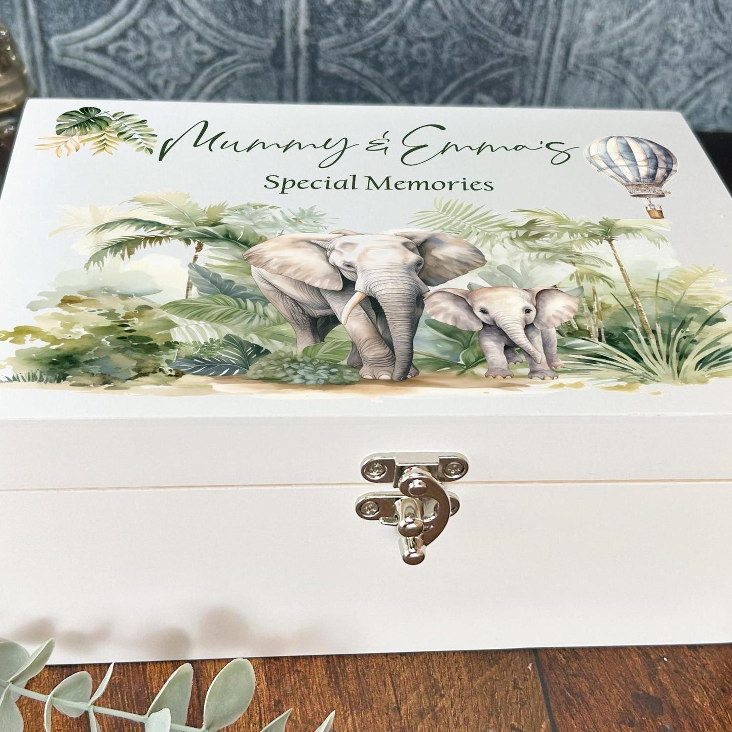 Safari Elephant White Memory Keepsake Storage Box - Personalised Gift