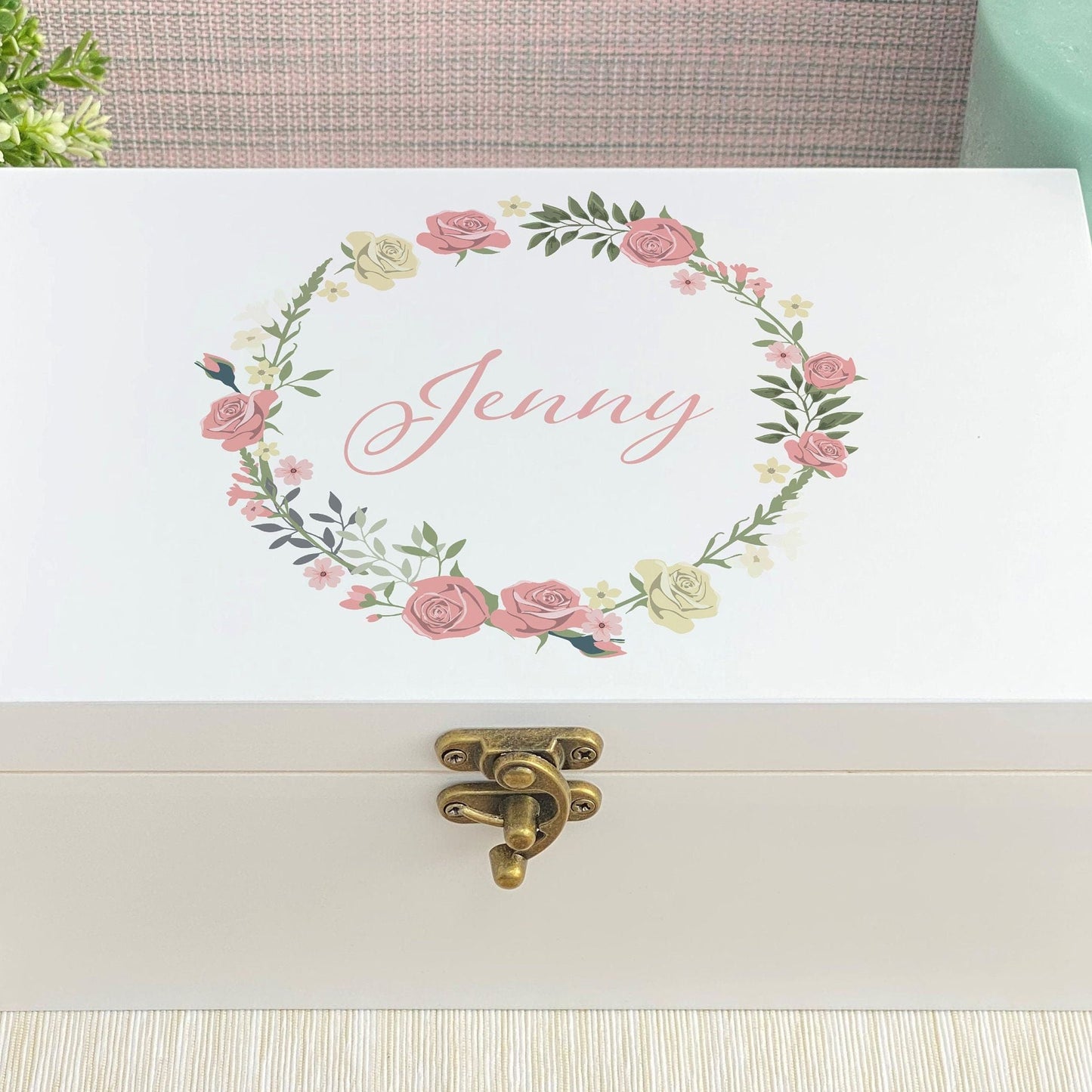 Rose Floral Wreath Personalised Jewellery Trinkets Box - Birthday Gift
