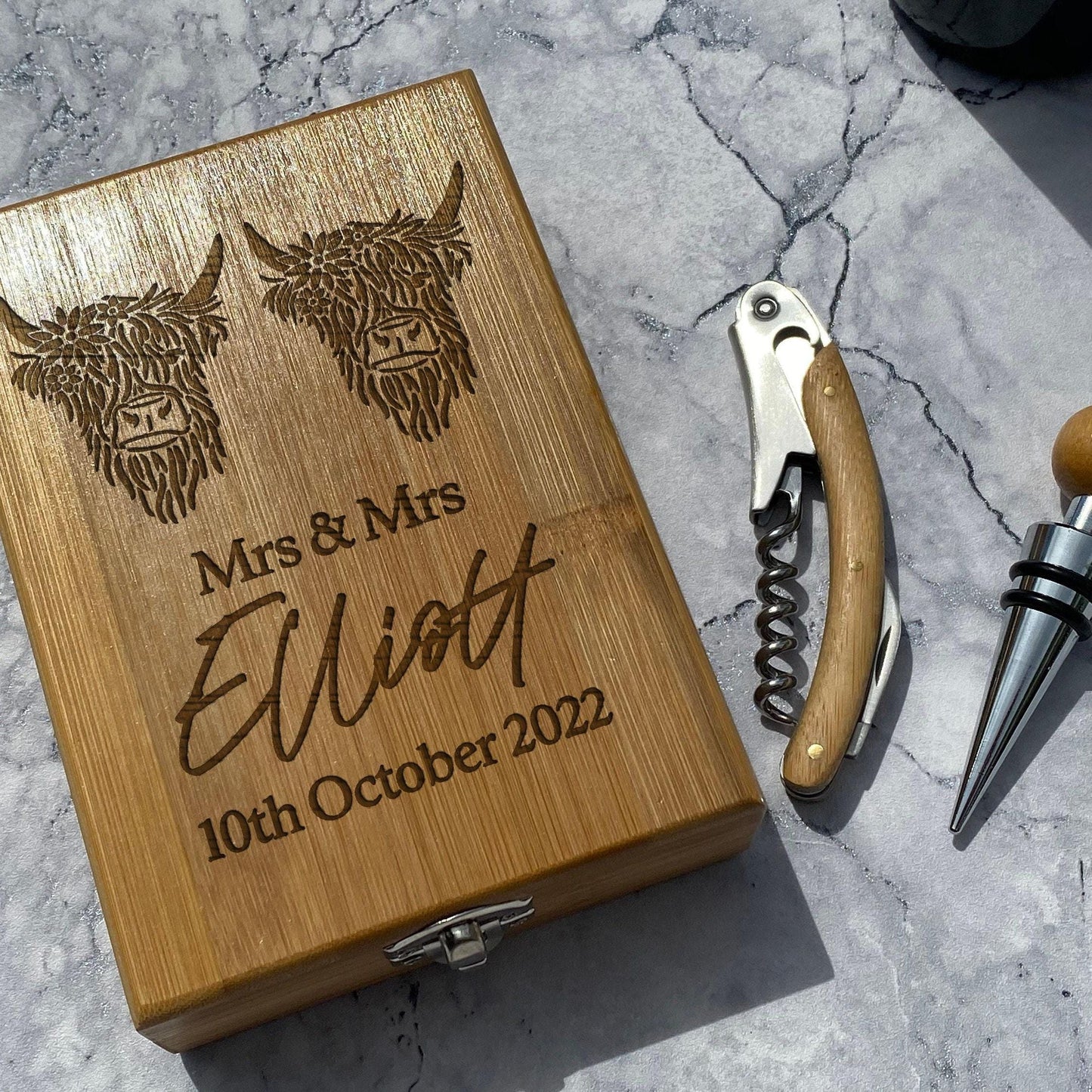 Highland Cow Mrs & Mrs Lesbian LGBT Personalised Wine Accessory Kit - Wedding Gift