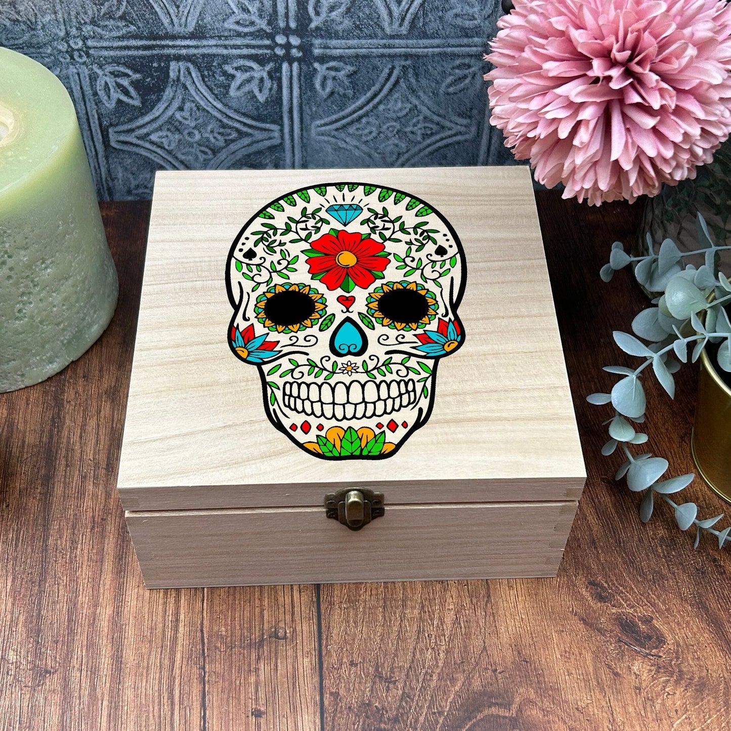 Sugar Skull Colourful Wooden Box Mexico Mexican Day Of The Dead All Souls Gift Trinket Memory Box Storage Christmas Gift Birthday Present