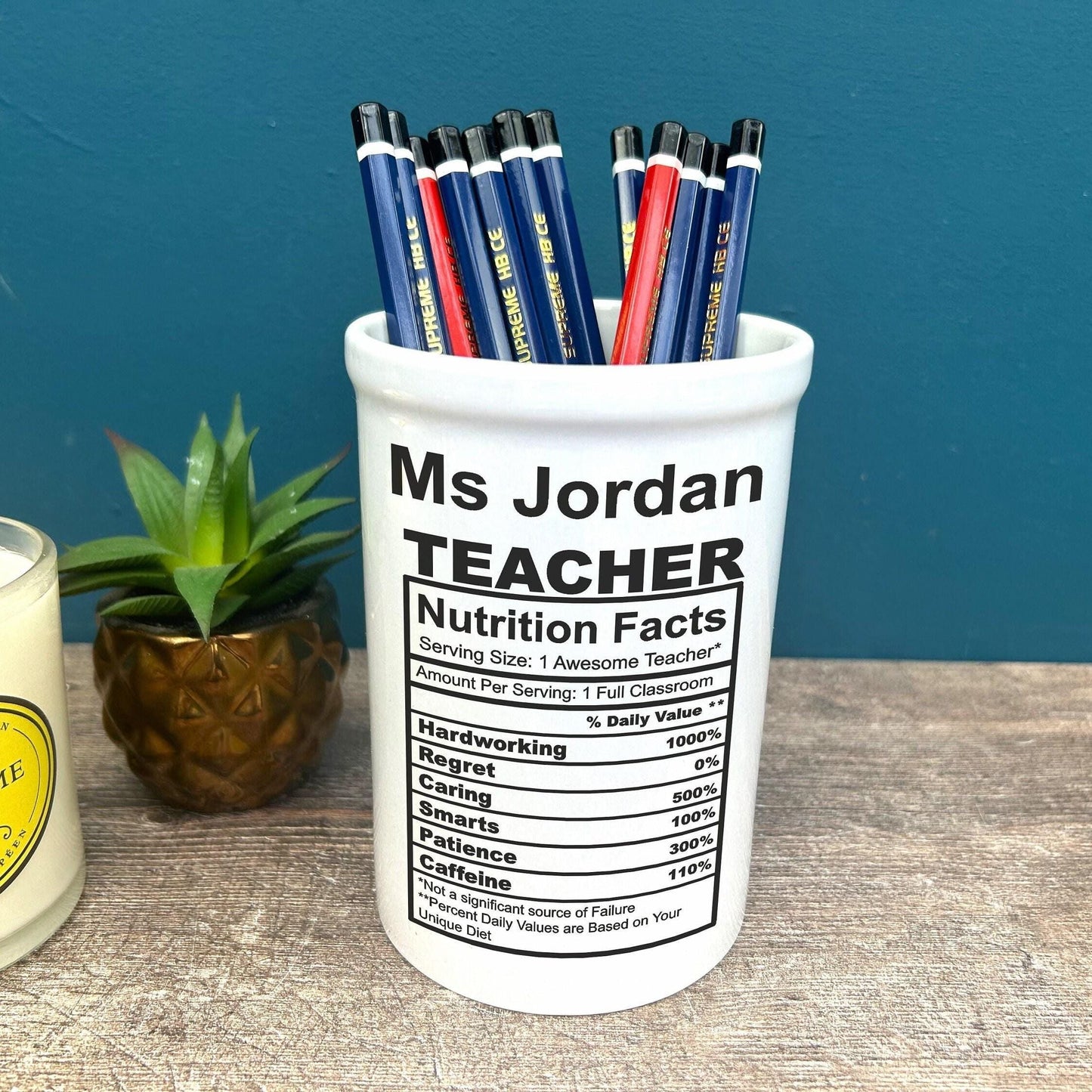 Nutrition Label Teacher End of Term School Thank You Pen Pencil Pot Personalised Gift
