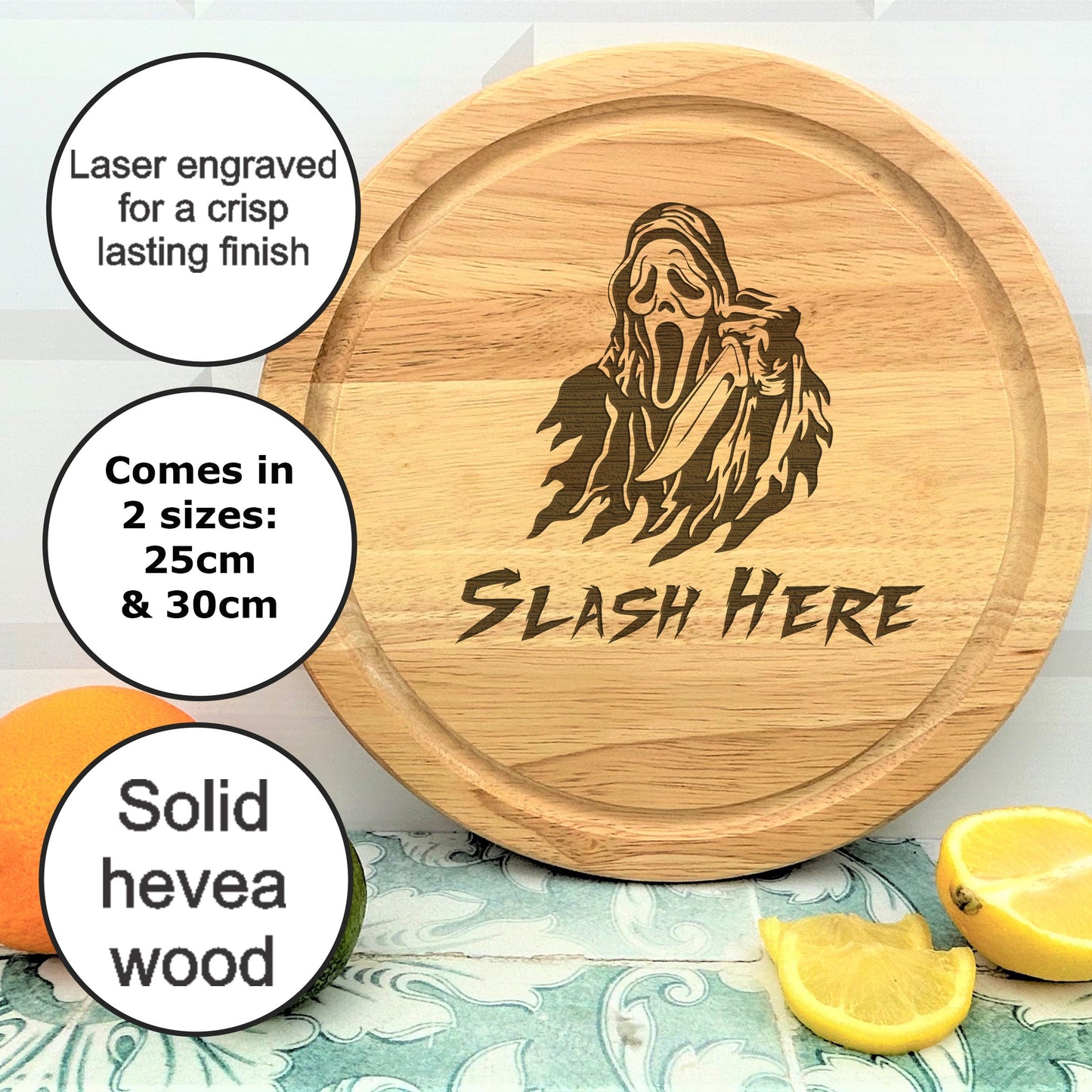 a wooden cutting board with a picture of a ghost on it