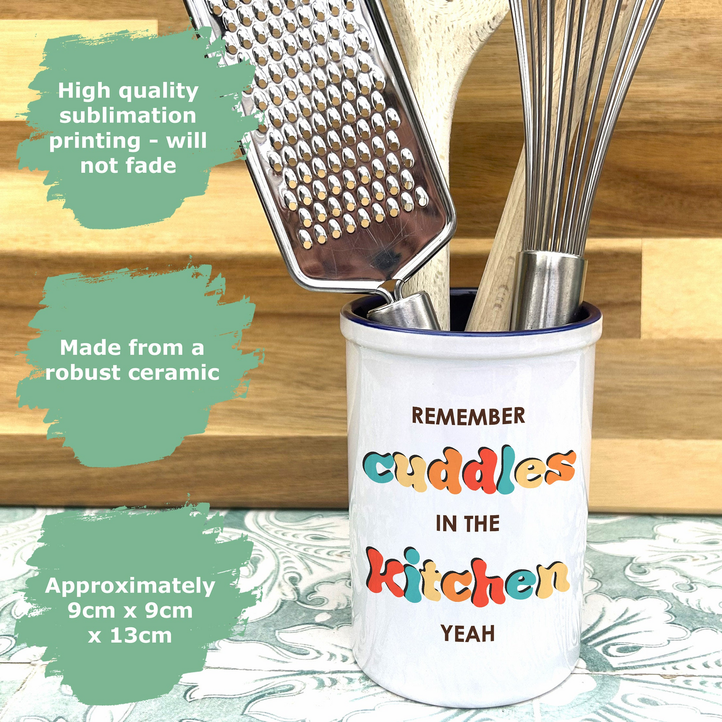 a kitchen utensil holder with a quote on it