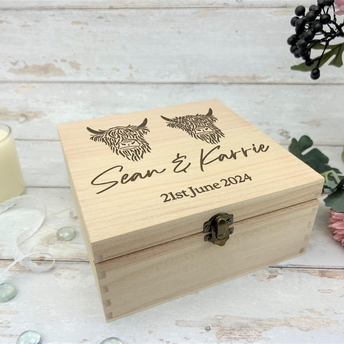Mr & Mrs Highland Cow Personalised Wooden Memory Keepsake Box Wedding Gift