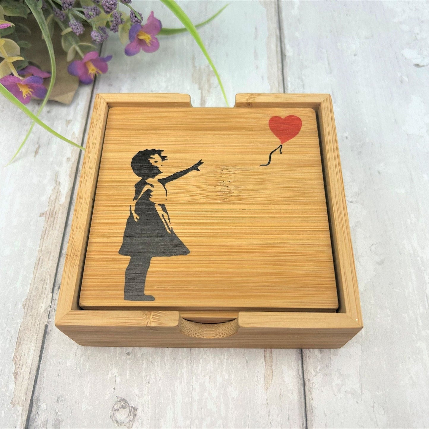 Banksy Painting Artwork Graffiti Bamboo Coaster Set Home Décor House Warming Gift Art Artist