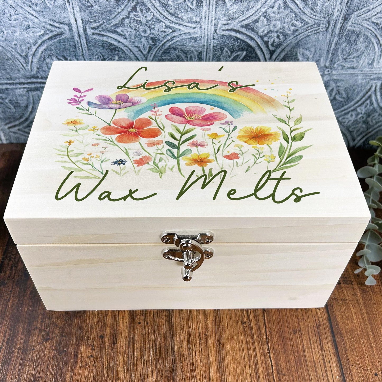 Flowers And Rainbow Wax Melt Storage Personalised Wooden Box