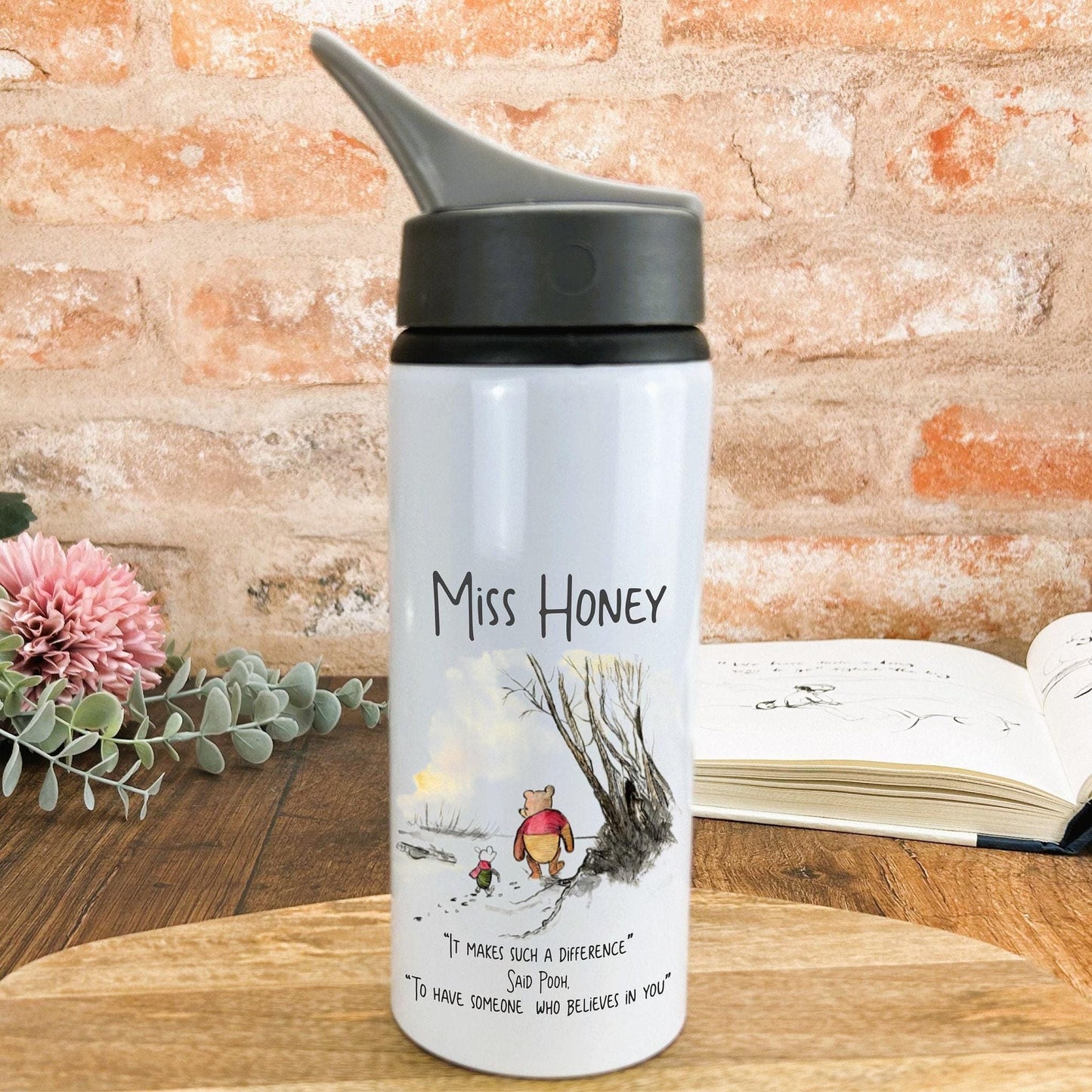Pooh Bear & Piglet Disney Teacher Water Bottle Personalised Message End of School Year Thank you Gift - Tutor - TA - Teaching Assistant.