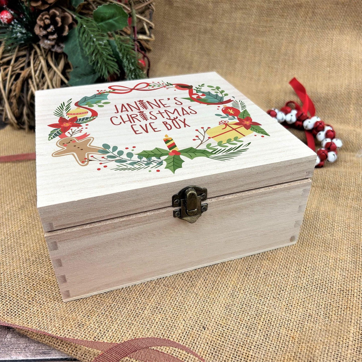 Wreath Personalised Wooden Christmas Eve Box