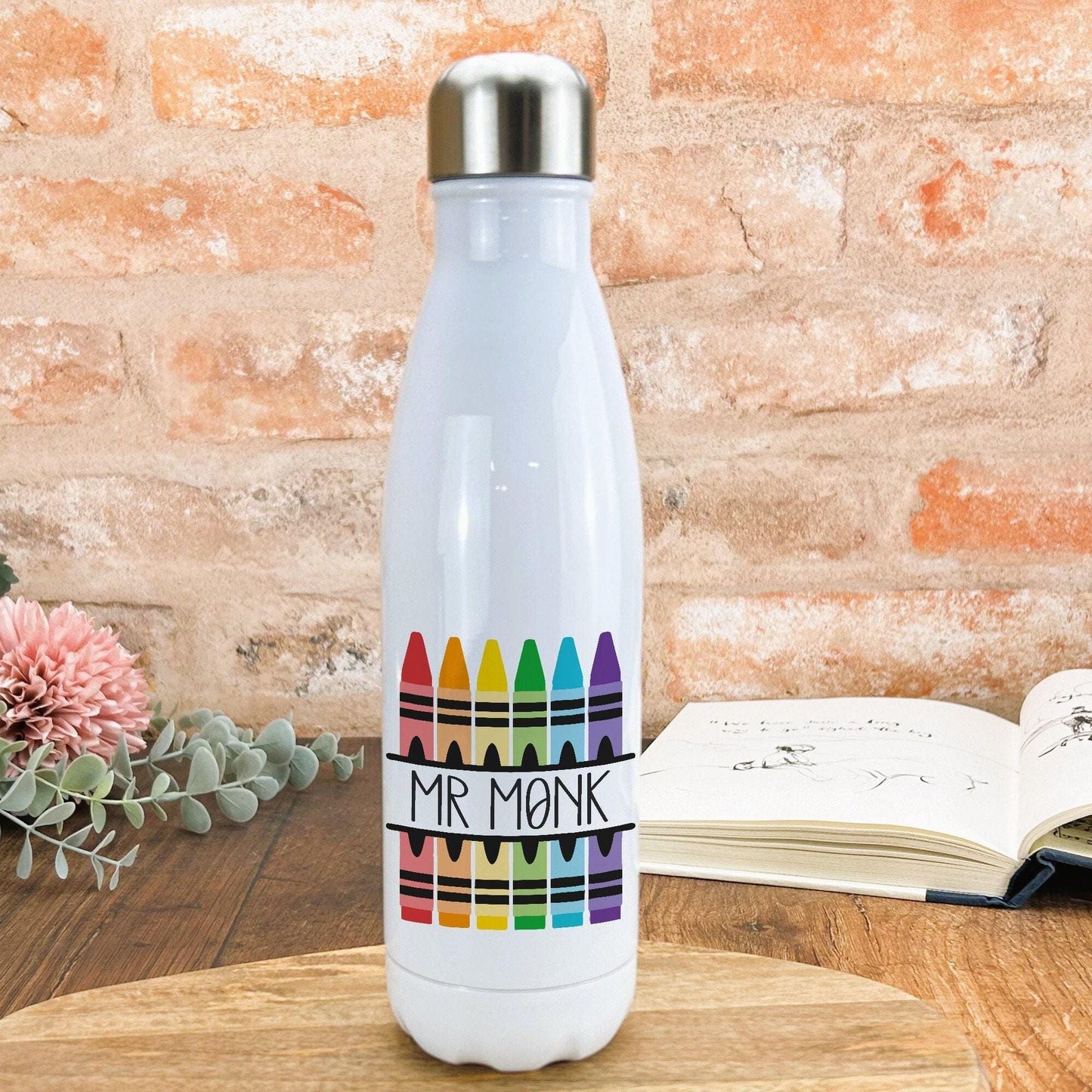 Crayons Teacher Name Personalised Message Water Bottle | Gift | Leaving School Gift | Teachers Gift | School