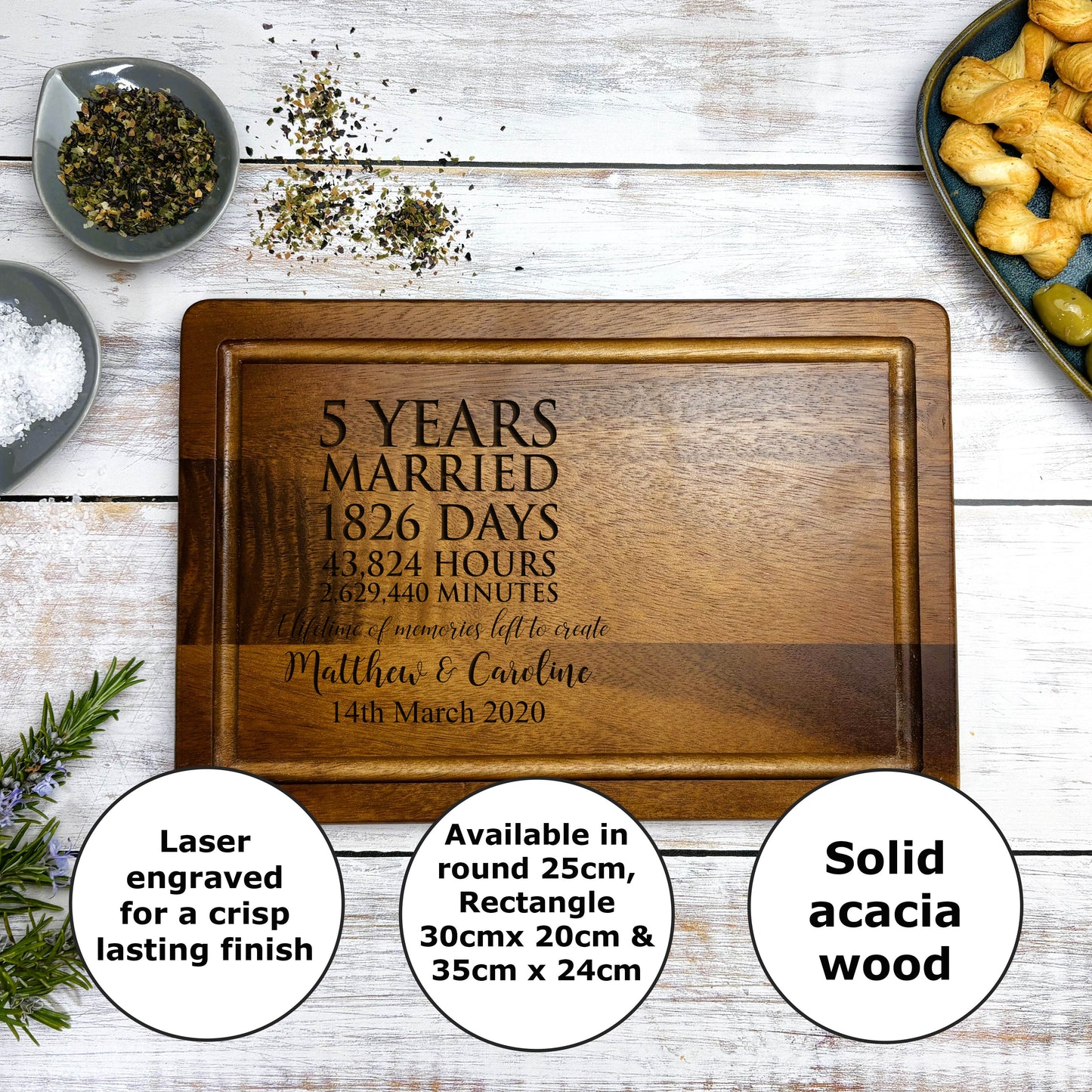 5 Years Married Personalised Wooden Chopping Board - Fifth Anniversary Gift