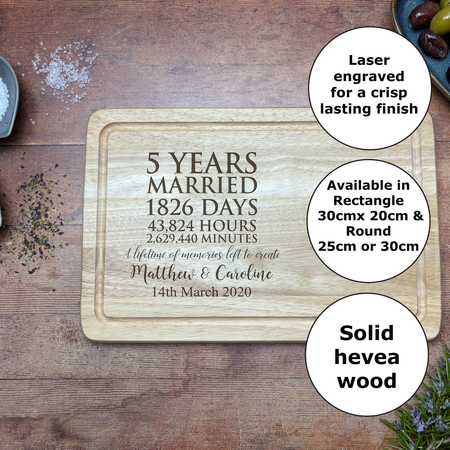 5 Years Married Personalised Wooden Chopping Board - Fifth Anniversary Gift