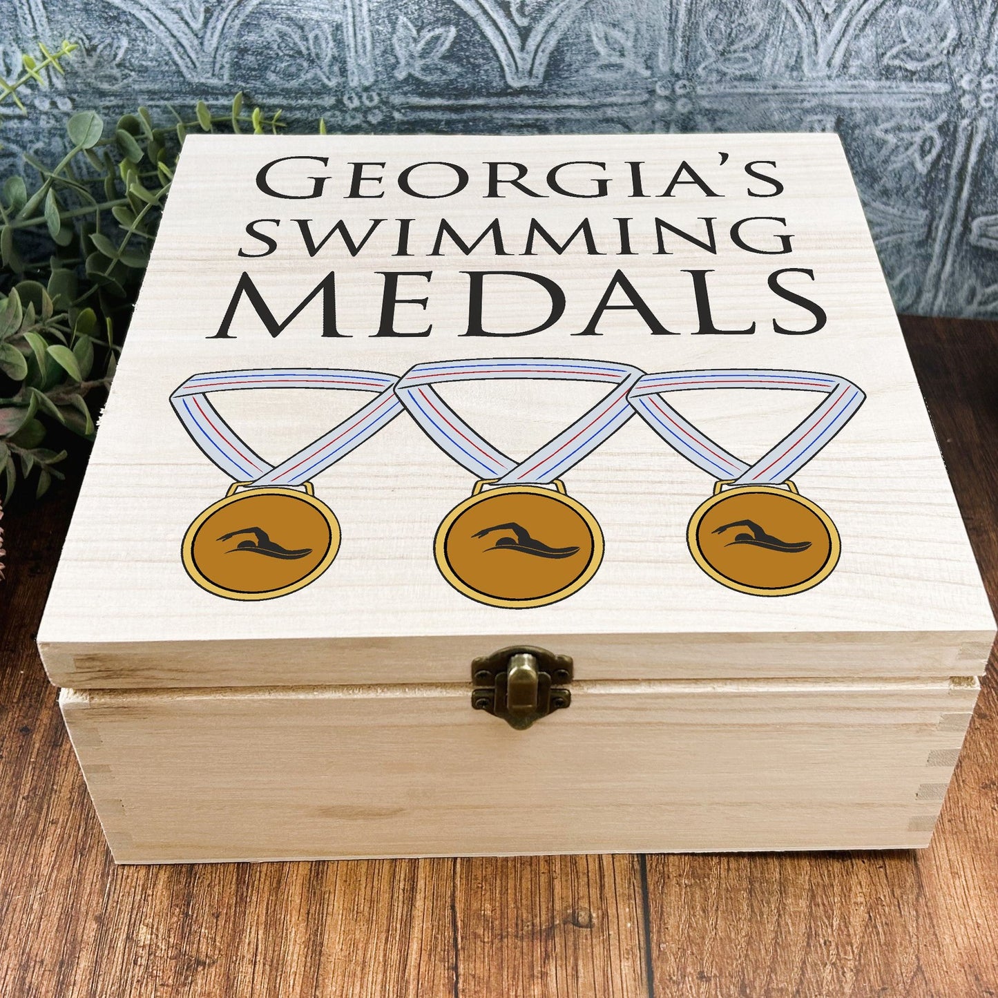 Medal Storage Wooden Box Colour Printed Sports Person Personalised Gift