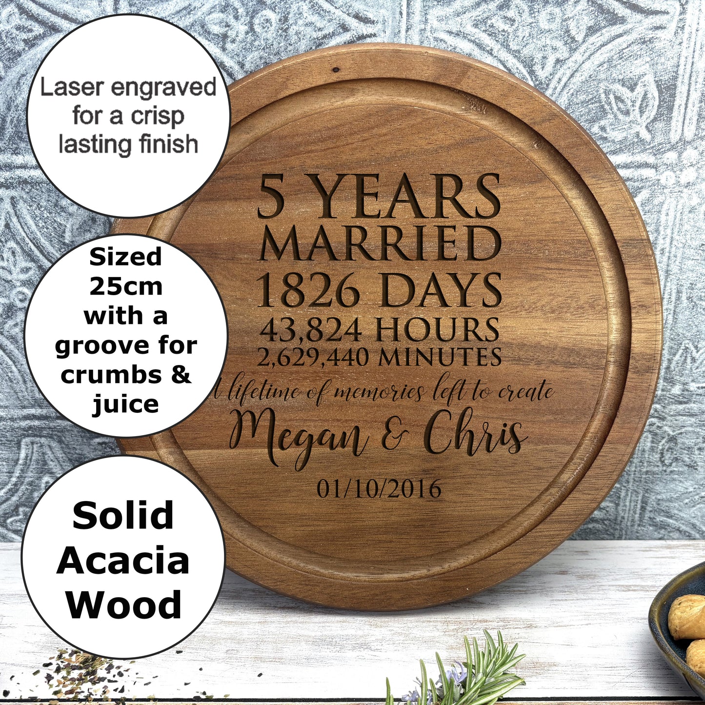 5 Years Married Personalised Wooden Chopping Board - Fifth Anniversary Gift