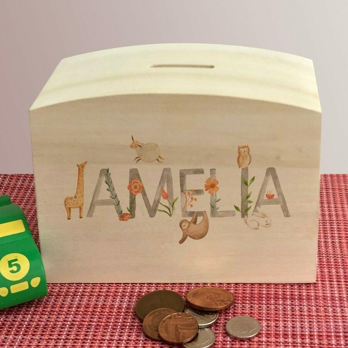 Watercolour Animal Theme Wooden Money Box - Personalised - Children's Saving - New Baby / Christening Gift