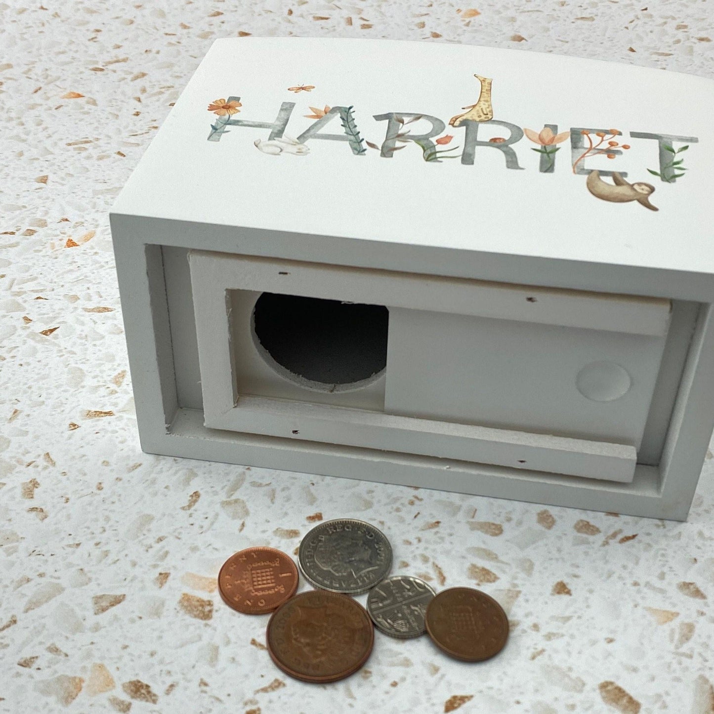 Watercolour Animal Theme Wooden Money Box - Personalised - Children's Saving - New Baby / Christening Gift