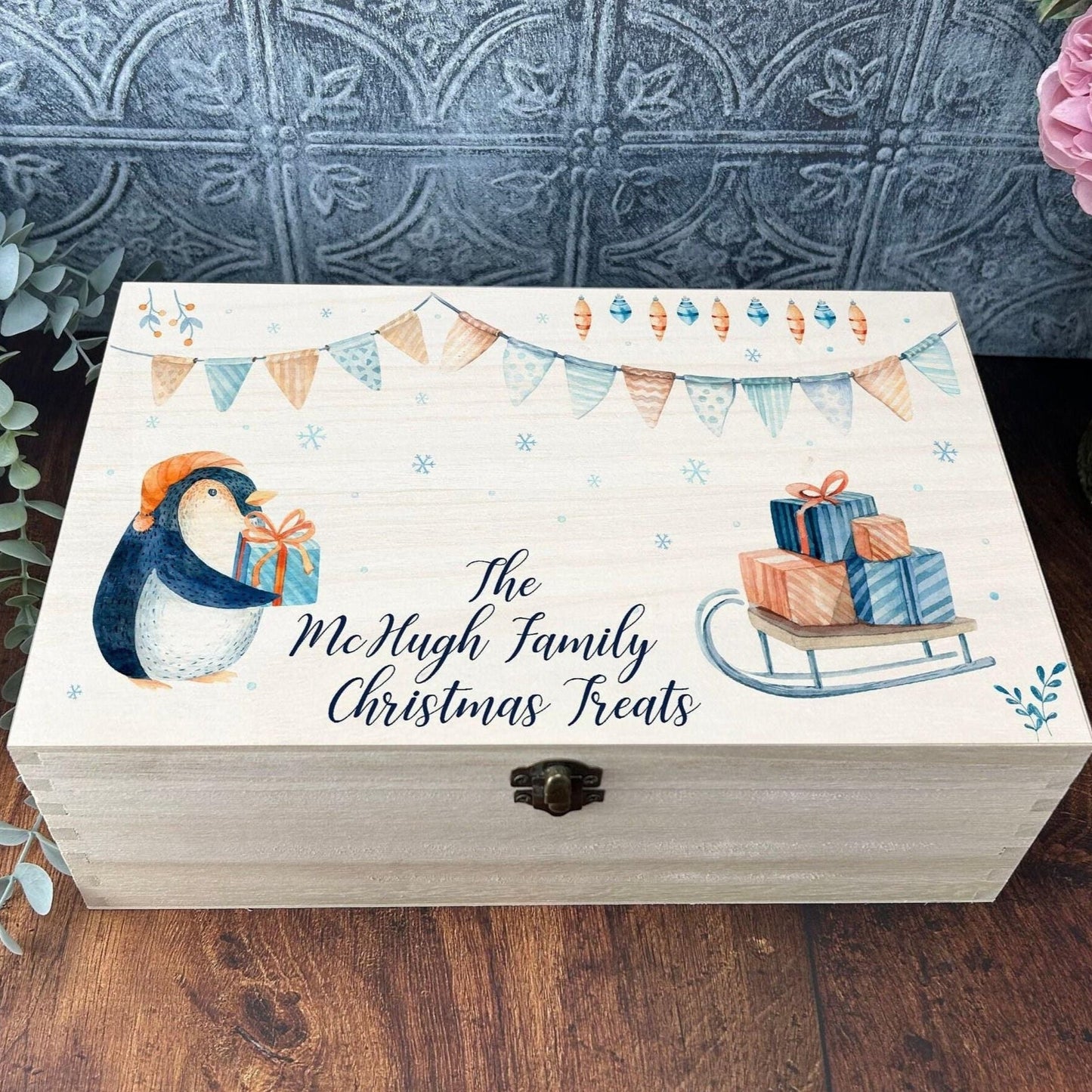 Penguin Christmas Eve Treats - Printed Wooden Rectangle Box - Personalised XMAS Gift