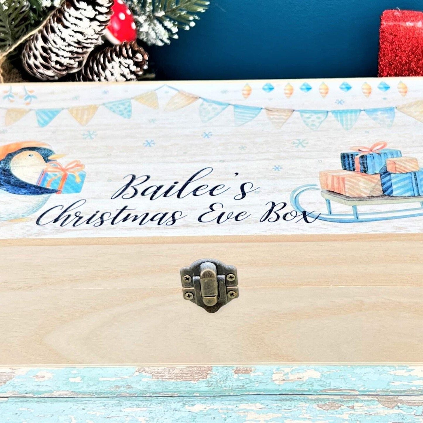 Penguin Christmas Eve Treats - Printed Wooden Rectangle Box - Personalised XMAS Gift