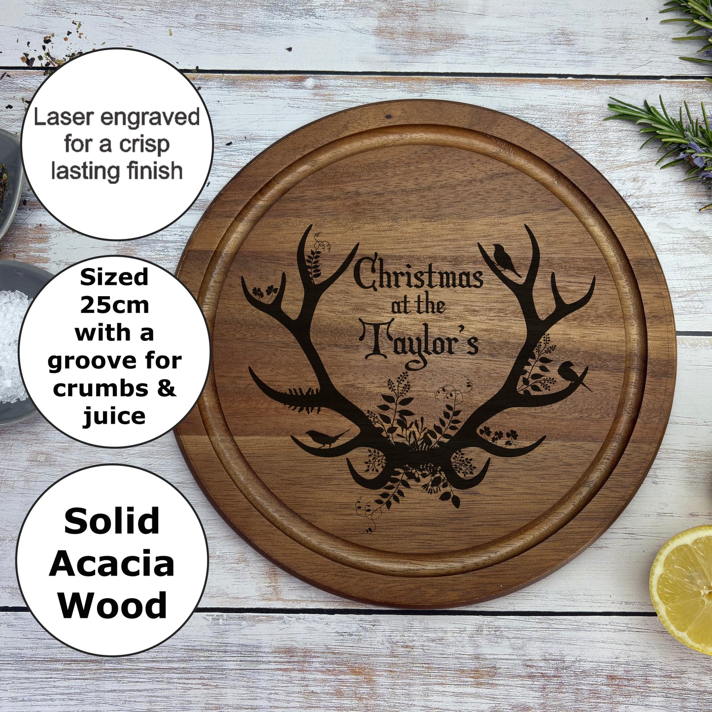 Personalised Antlers Christmas Chopping Board - Family XMAS Gift