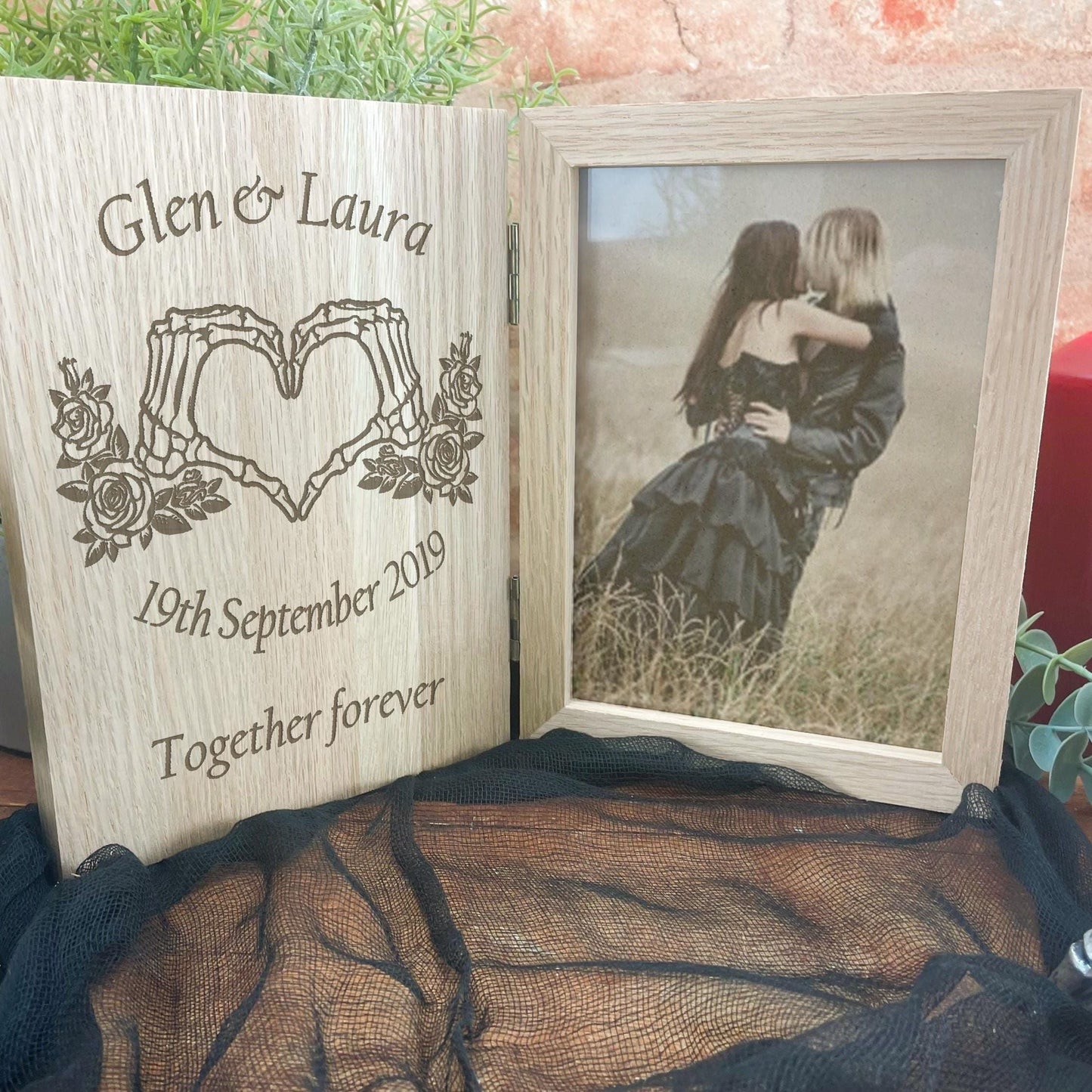 Bone Heart Hands Couple Oak Photo Frame - Wedding Anniversary Personalised Gift