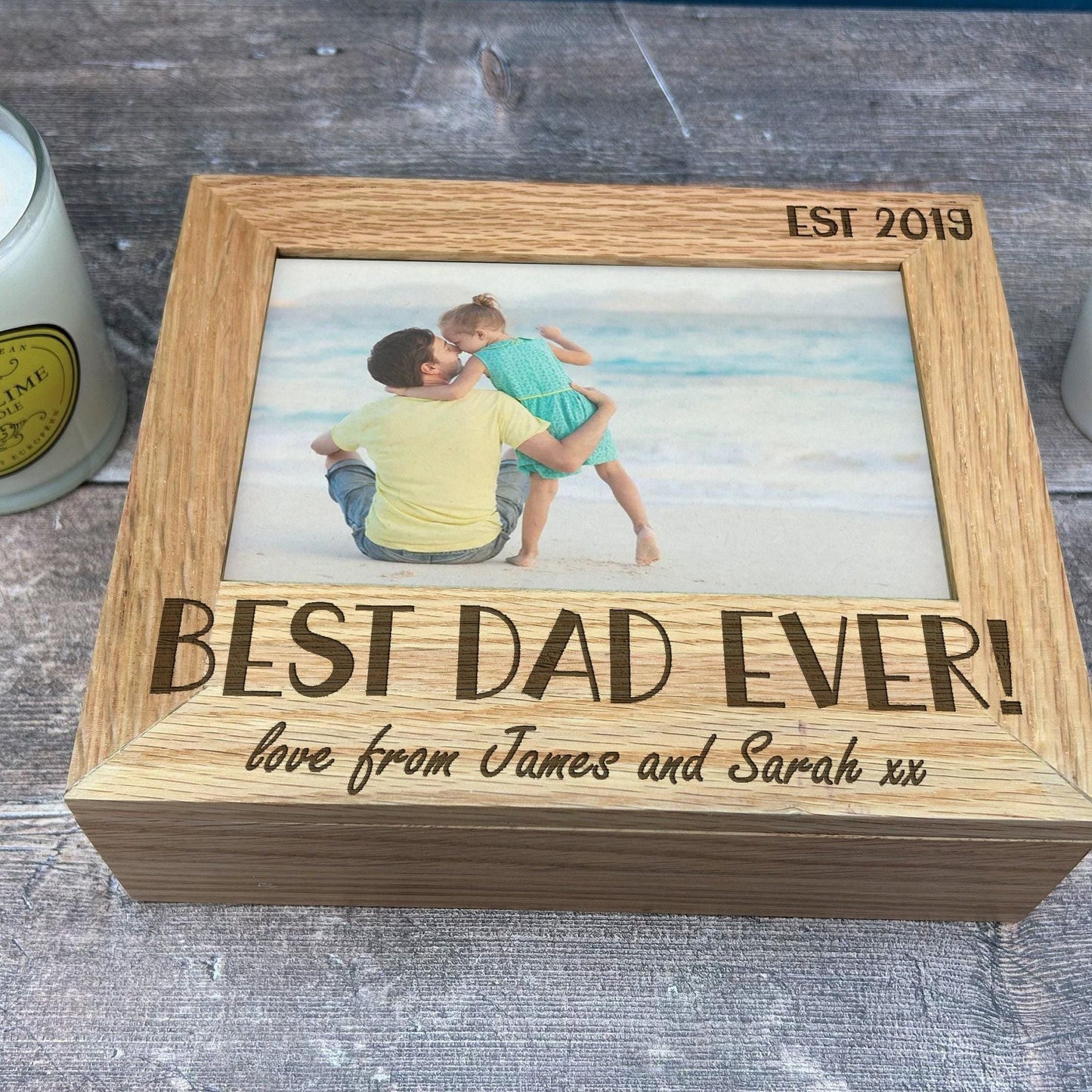Best Dad Ever - Father's Day - Personalised Memory Box - Photos 6x4 7x5 Holder - Solid Oak Gift