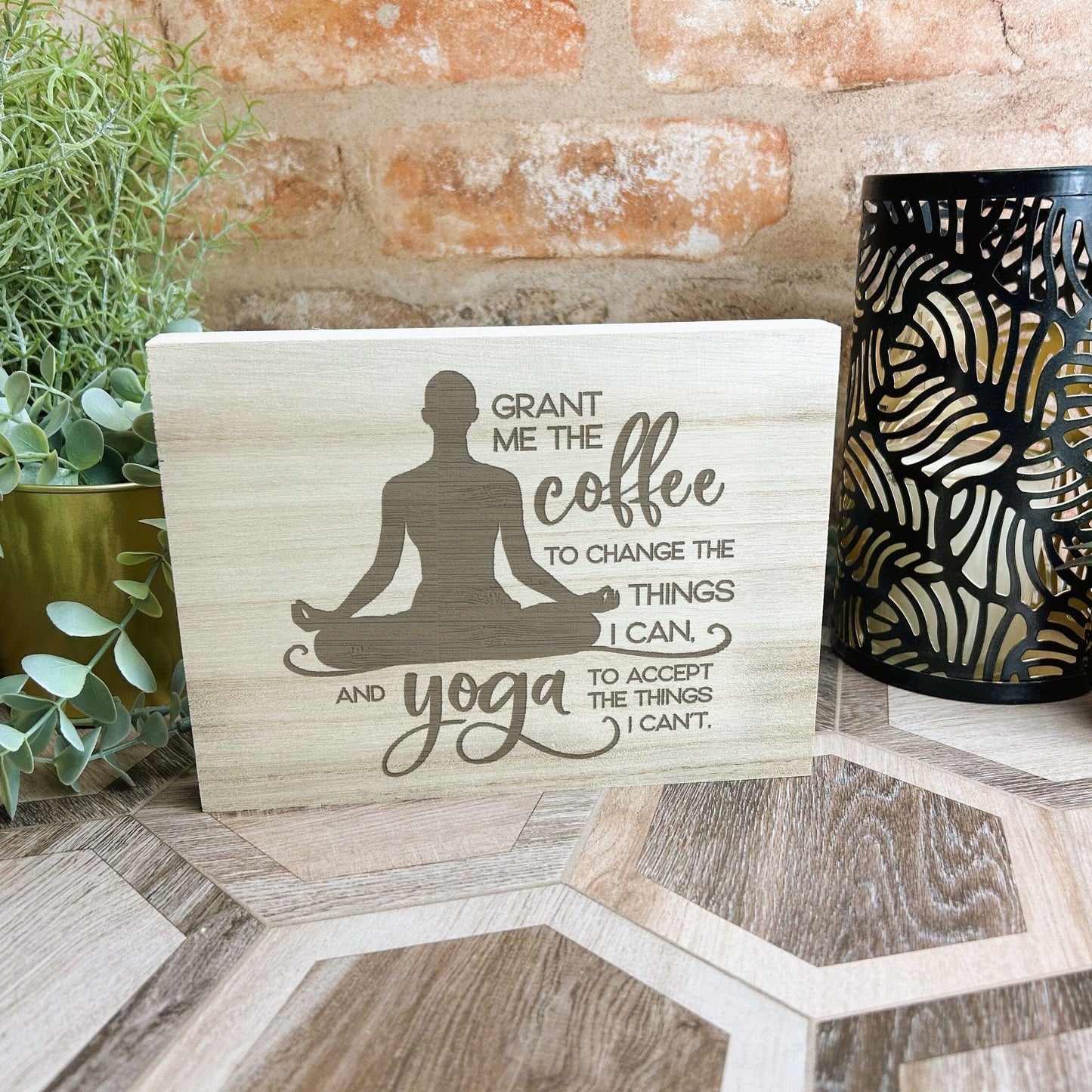 Grant Me Coffee Yoga Engraved Wooden Wall Plaque Decor Positivity Gift
