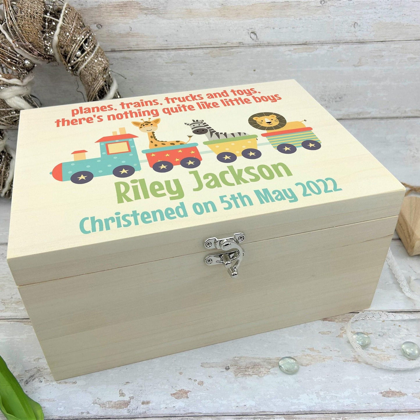 Train Boys Christening New Baby Wooden Memory Box Personalised Gift
