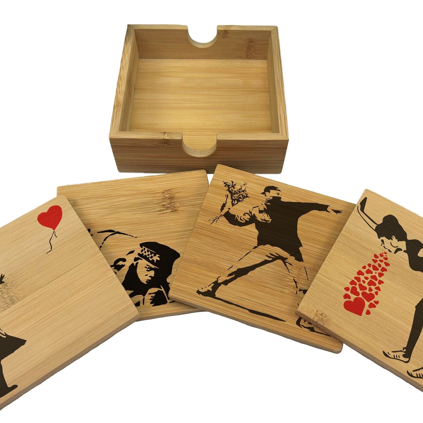 Banksy Painting Artwork Graffiti Bamboo Coaster Set Home Décor House Warming Gift Art Artist