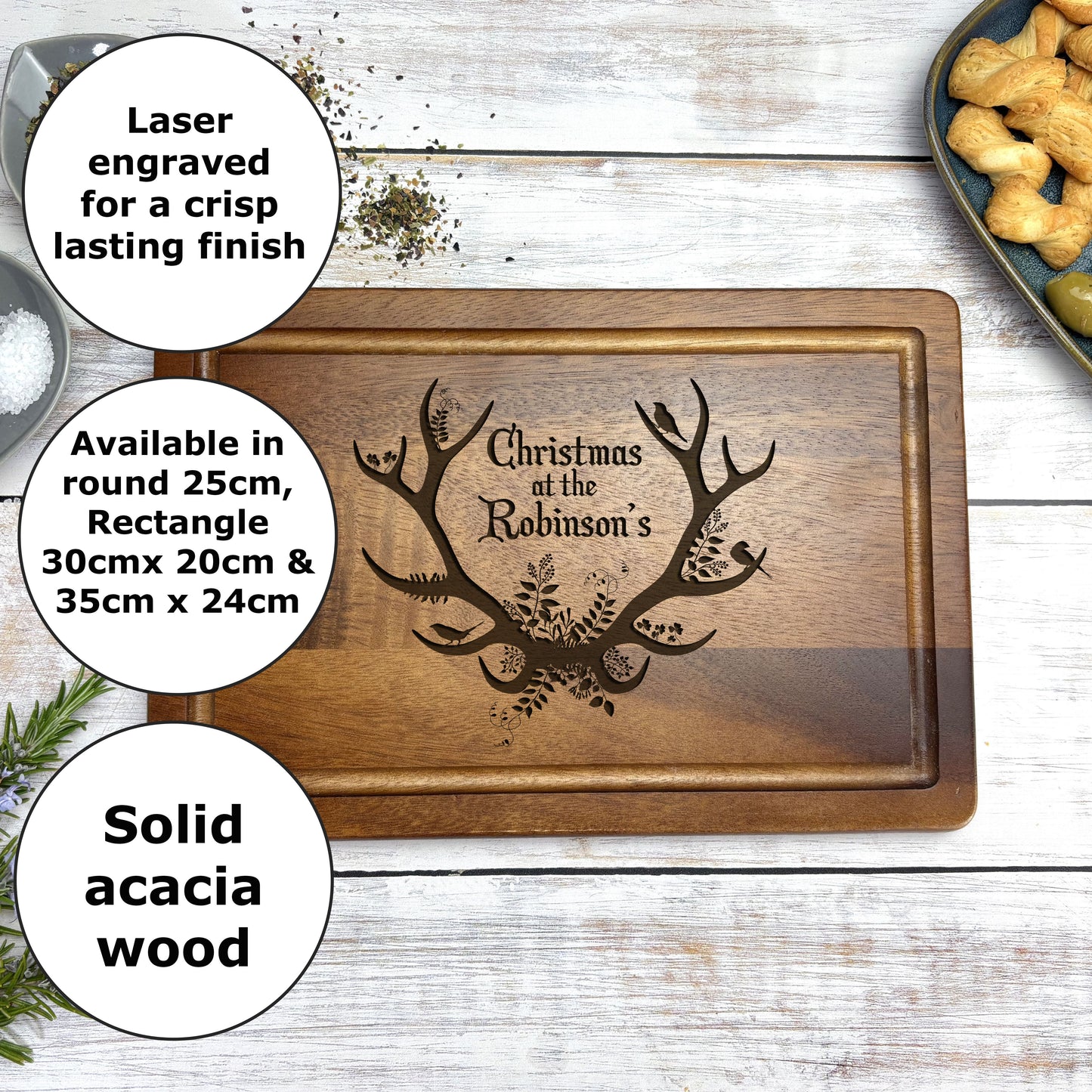 Personalised Antlers Christmas Chopping Board - Family XMAS Gift