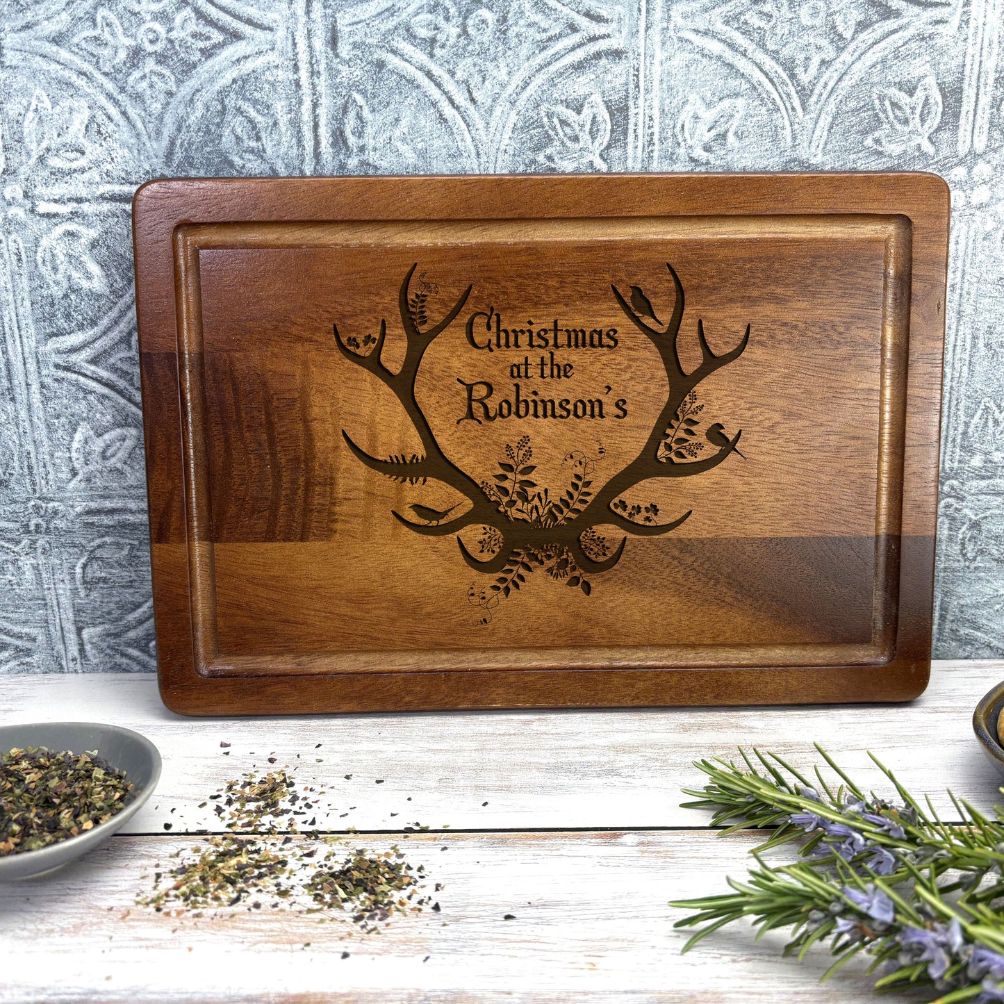Personalised Antlers Christmas Chopping Board - Family XMAS Gift