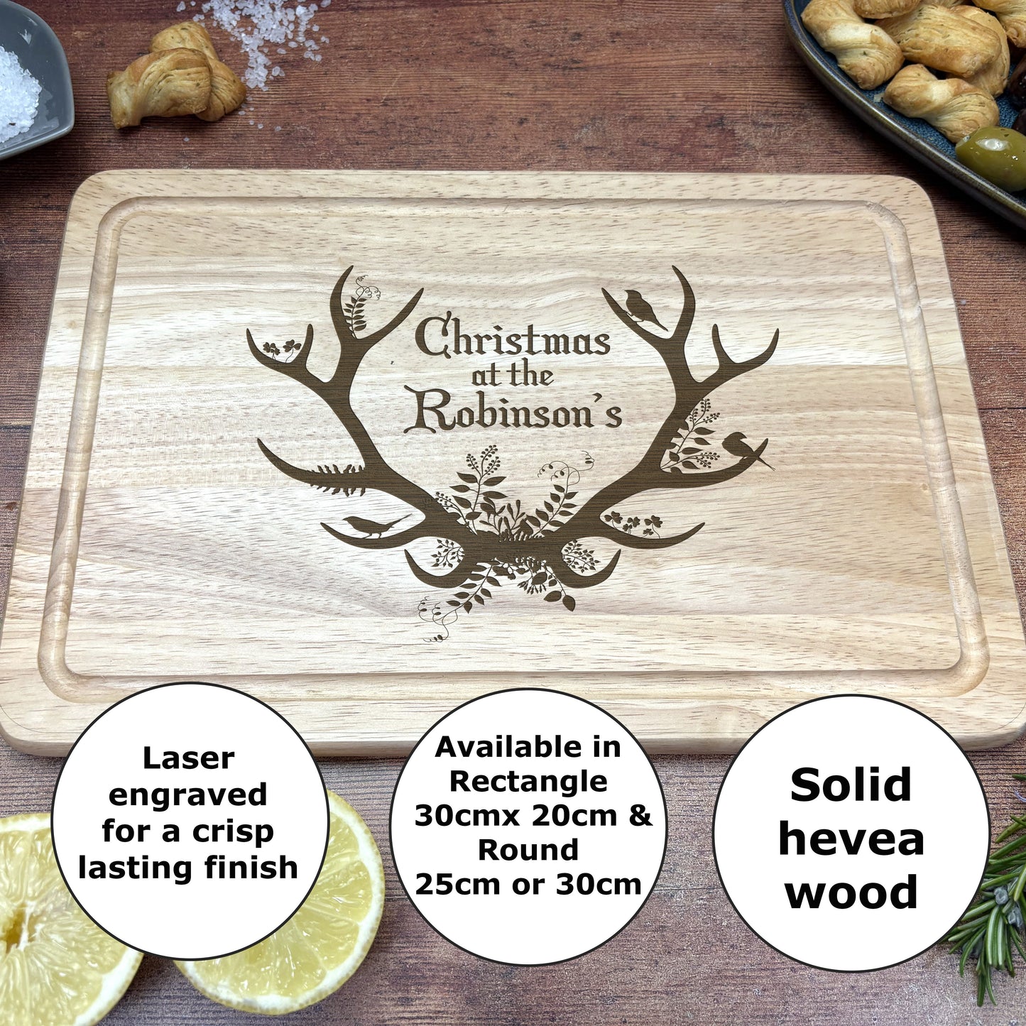Personalised Antlers Christmas Chopping Board - Family XMAS Gift