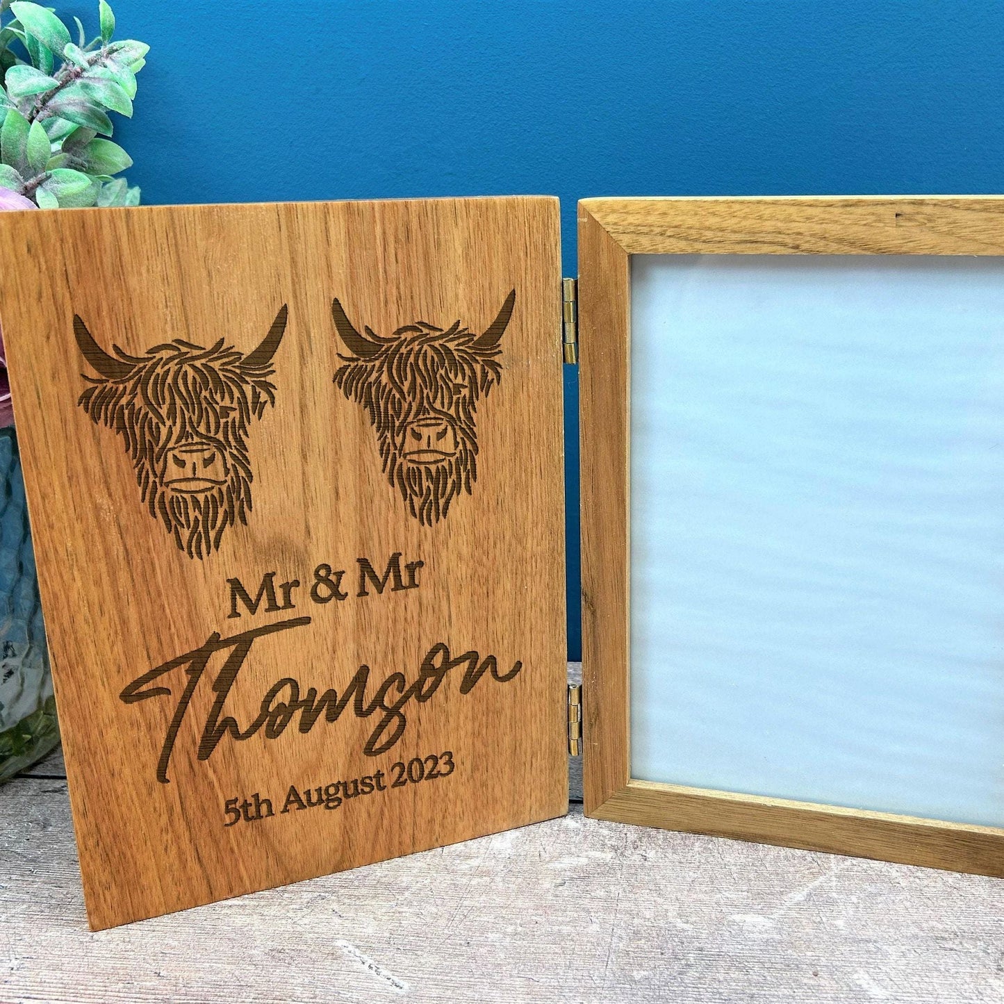 Mr & Mr Highland Cow Design Personalised Oak Photo Frame - LGBTQ Wedding Gift