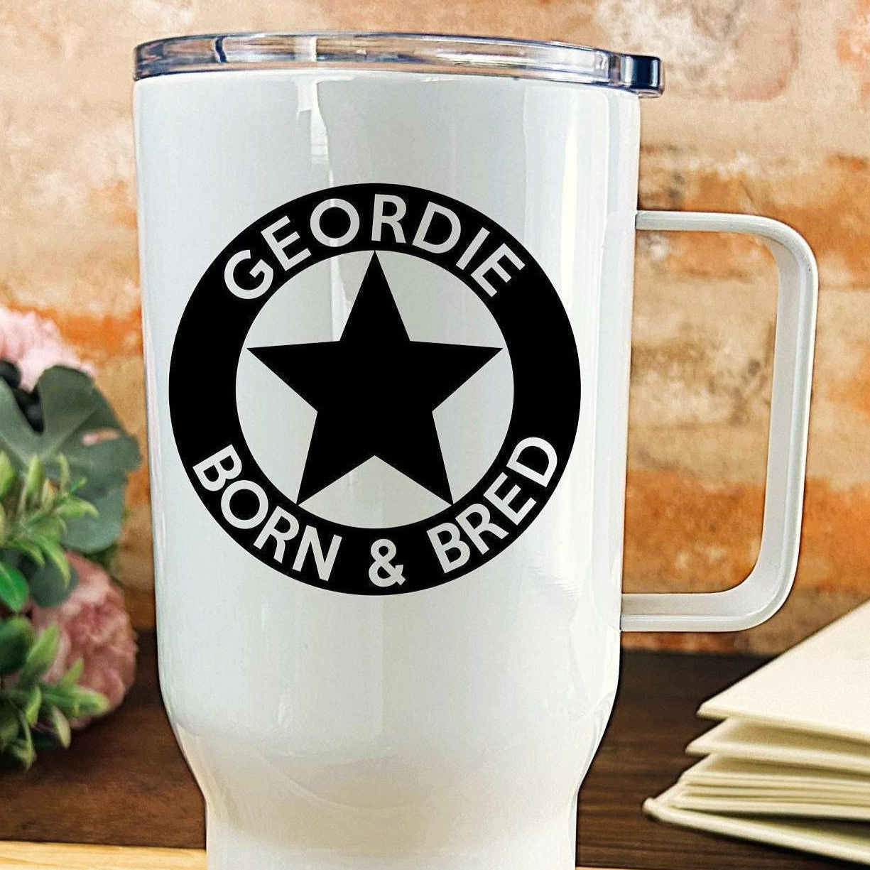 Geordie Born & Bred Star - Newcastle Geordie Dialect - Personalised Travel Mug