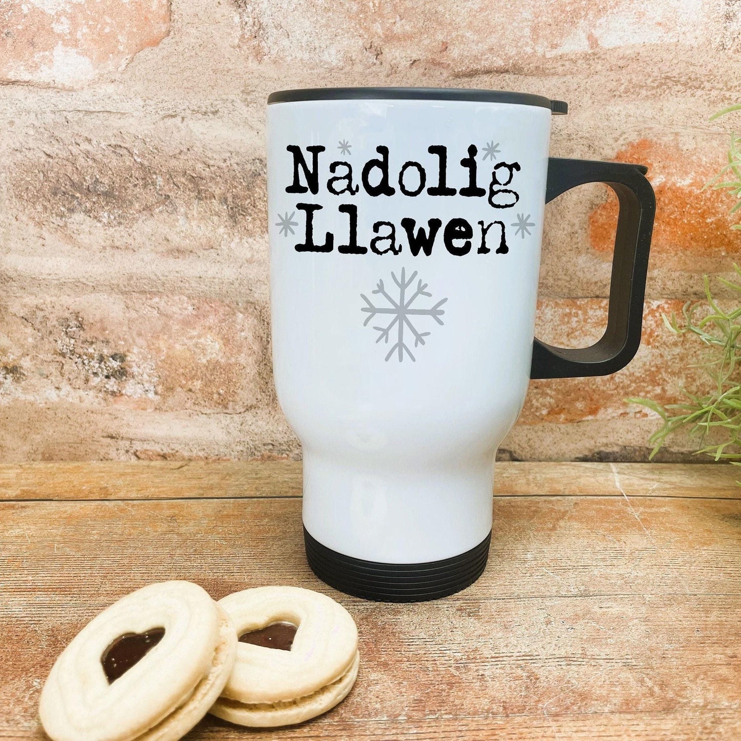 Nadolig Llawen Snowflakes - Welsh Language Dialect - Personalised Travel Mug