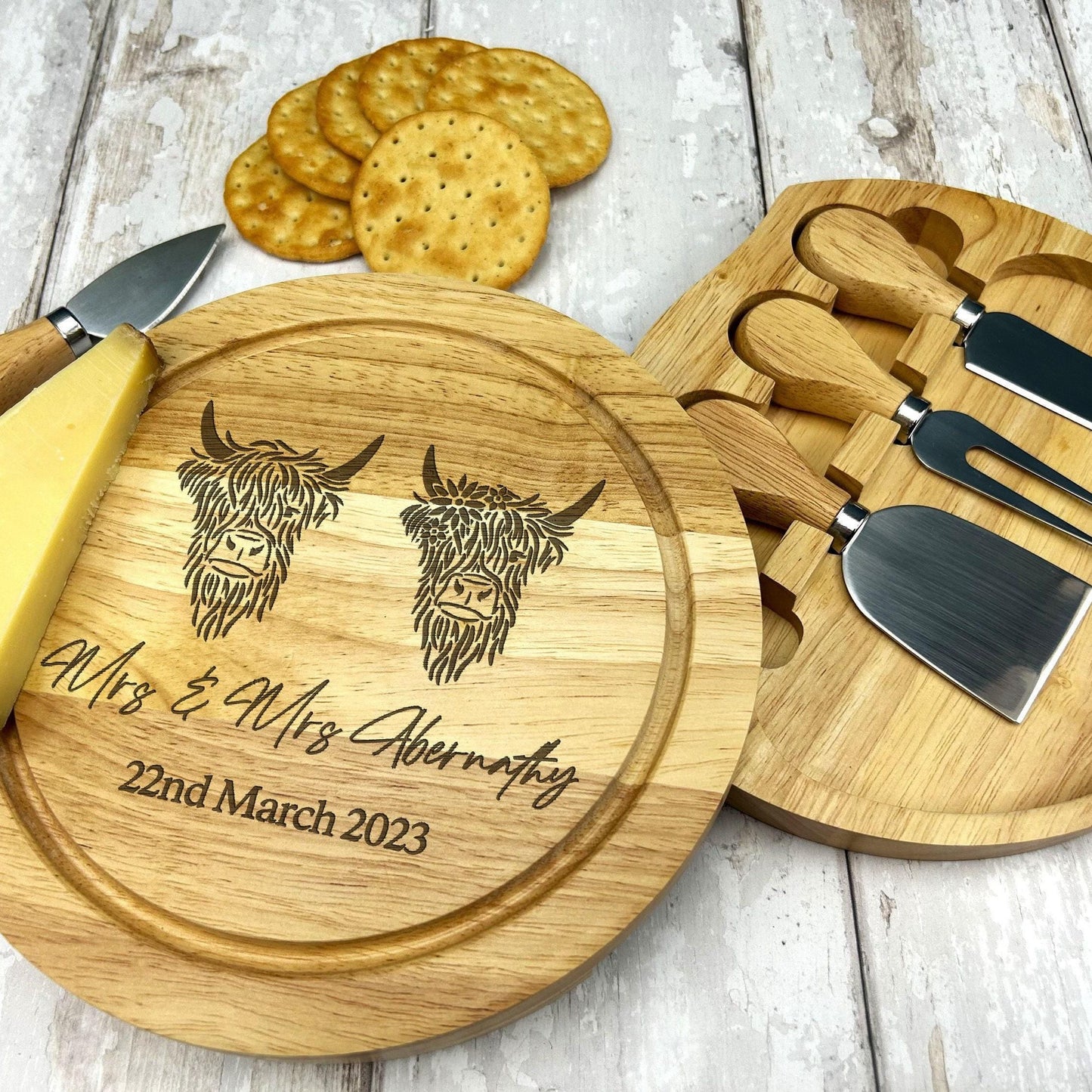 Highland Cow Cheese Board Set Utensils - Wedding / 5th Anniversary - Wooden Engraved Personalised Charcuterie Gift