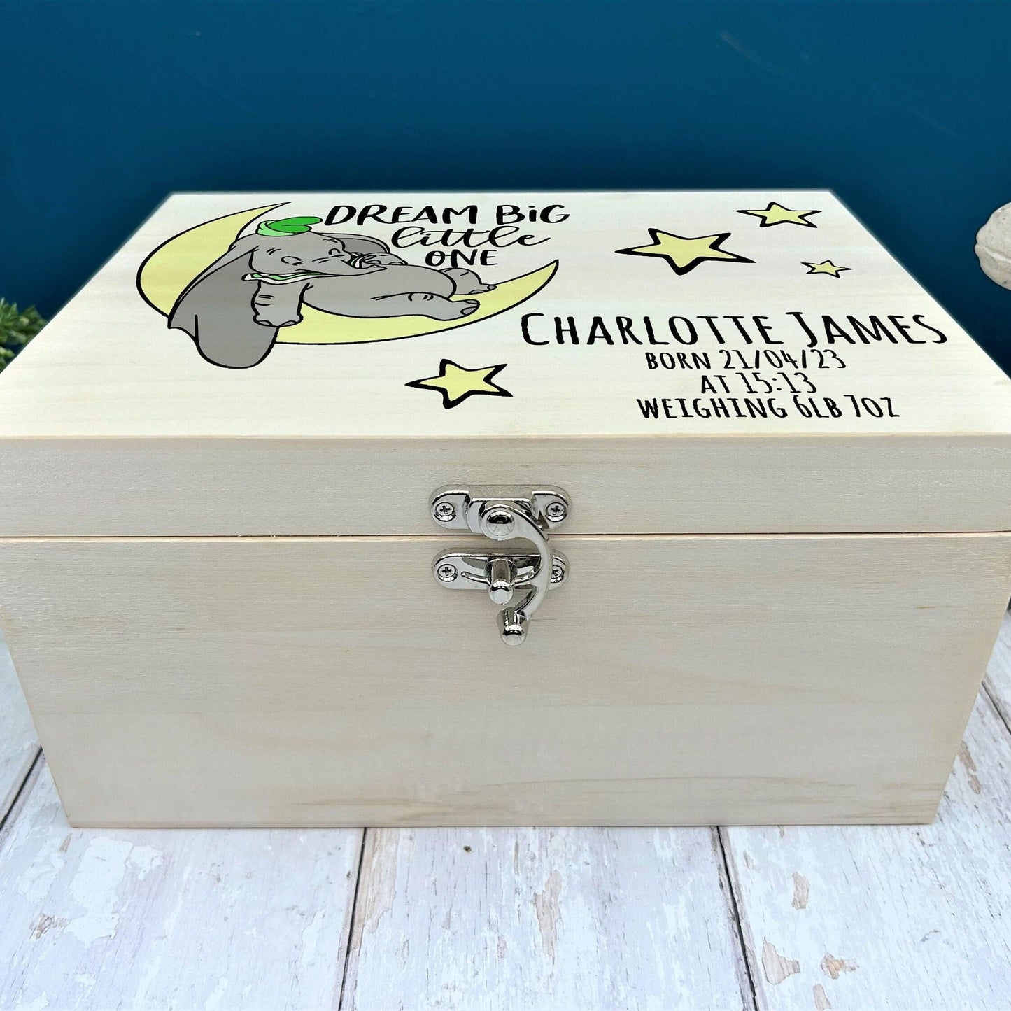 Dumbo Dream Big Little One Christening Day Personalised Wooden Box