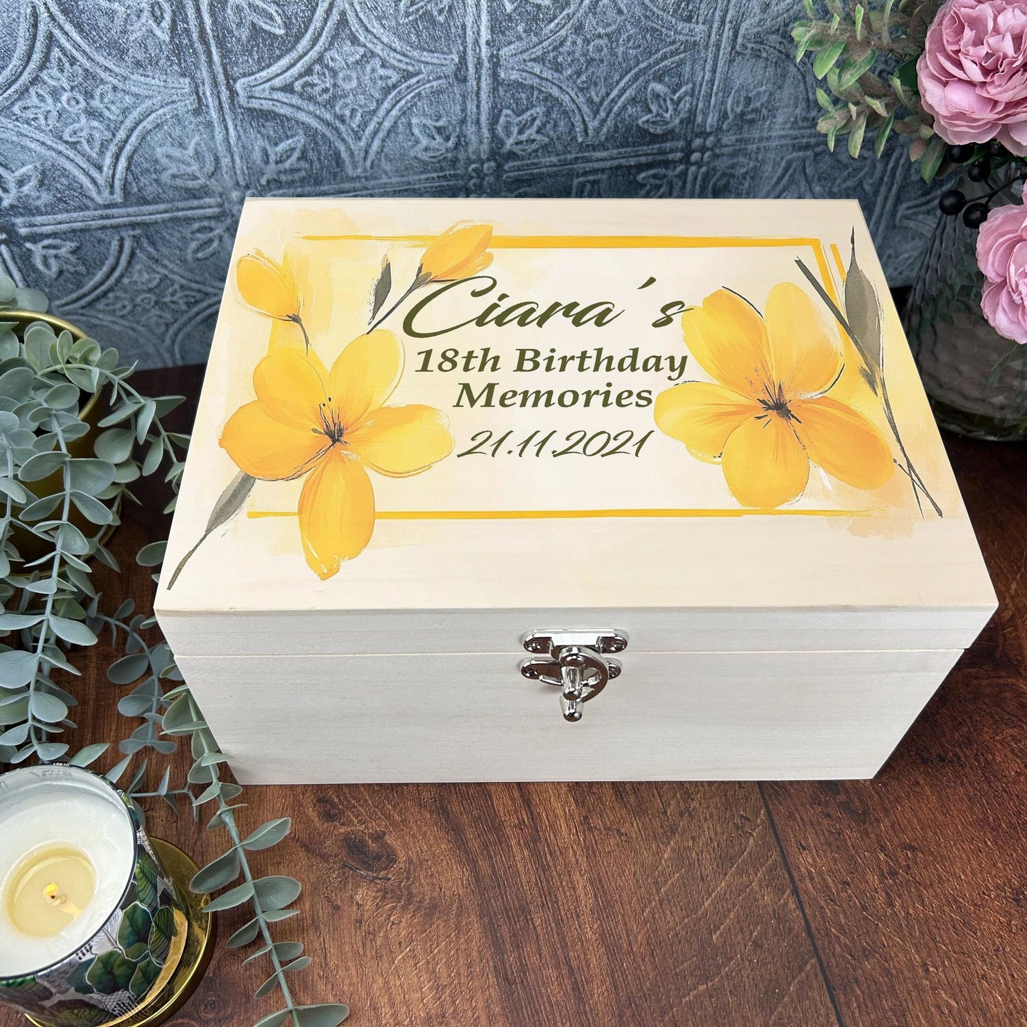 Floral Yellow Watercolour Illustration Personalised Luxury Wooden Memory Box Gift