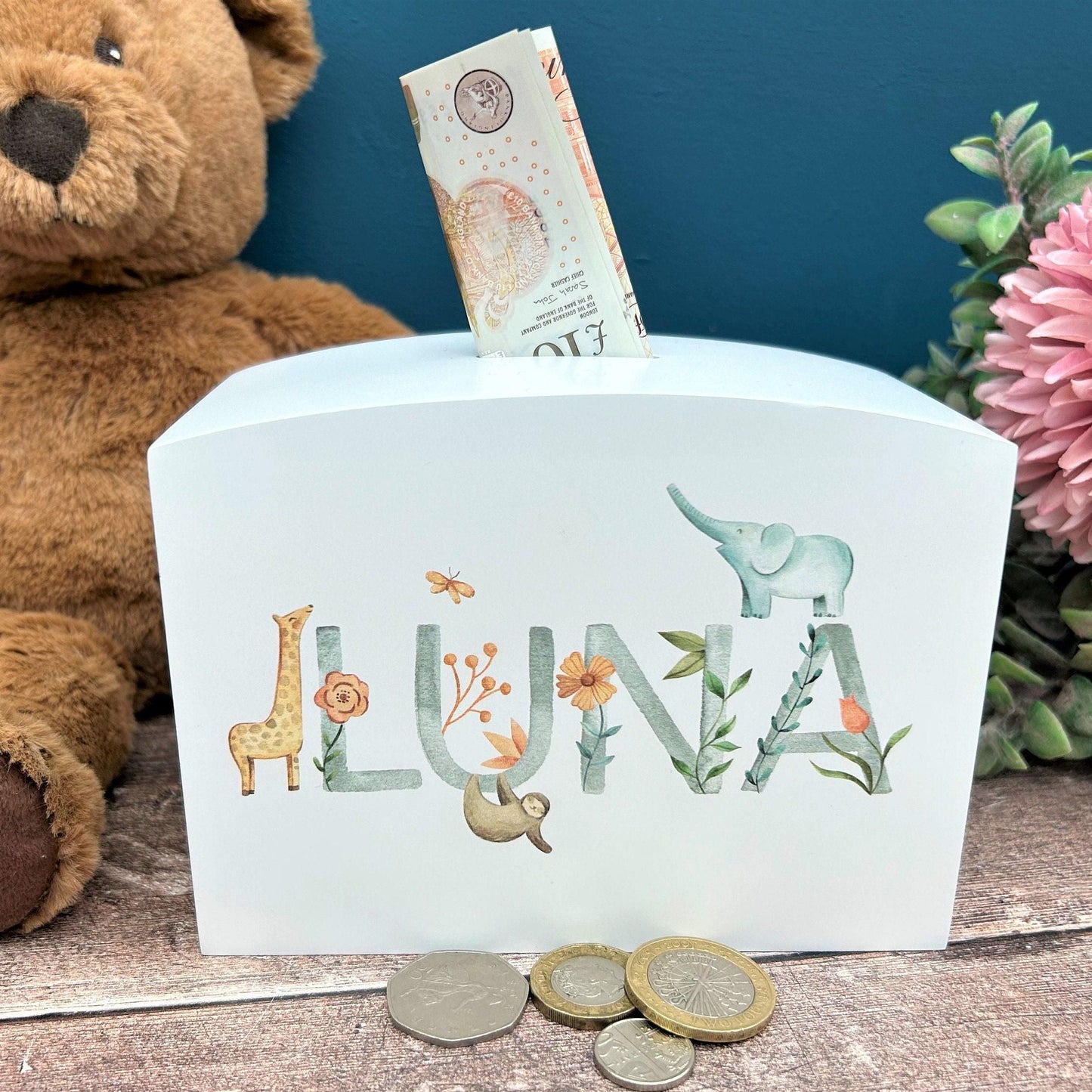 Watercolour Animal Theme Wooden Money Box - Personalised - Children's Saving - New Baby / Christening Gift