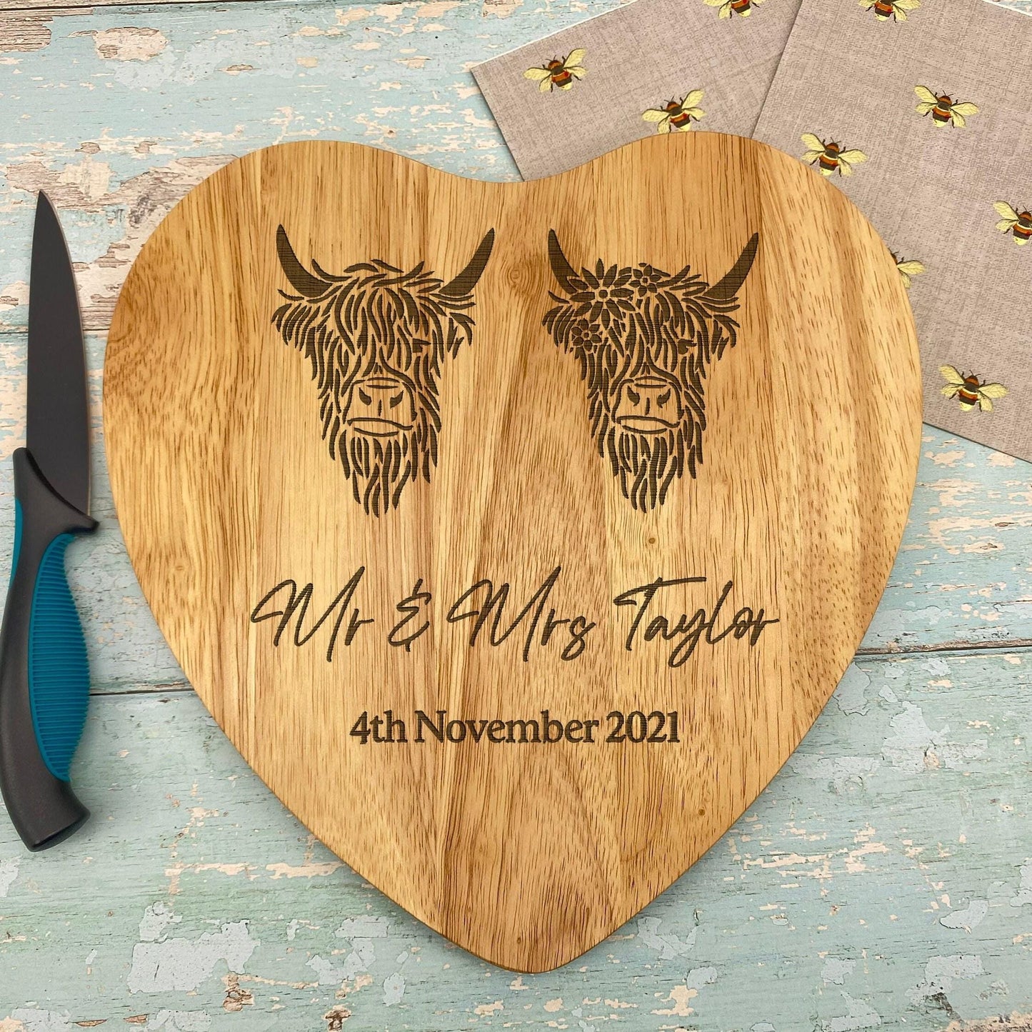 Highland Cows Personalised Engraved Couple Chopping Board - Wedding Gift