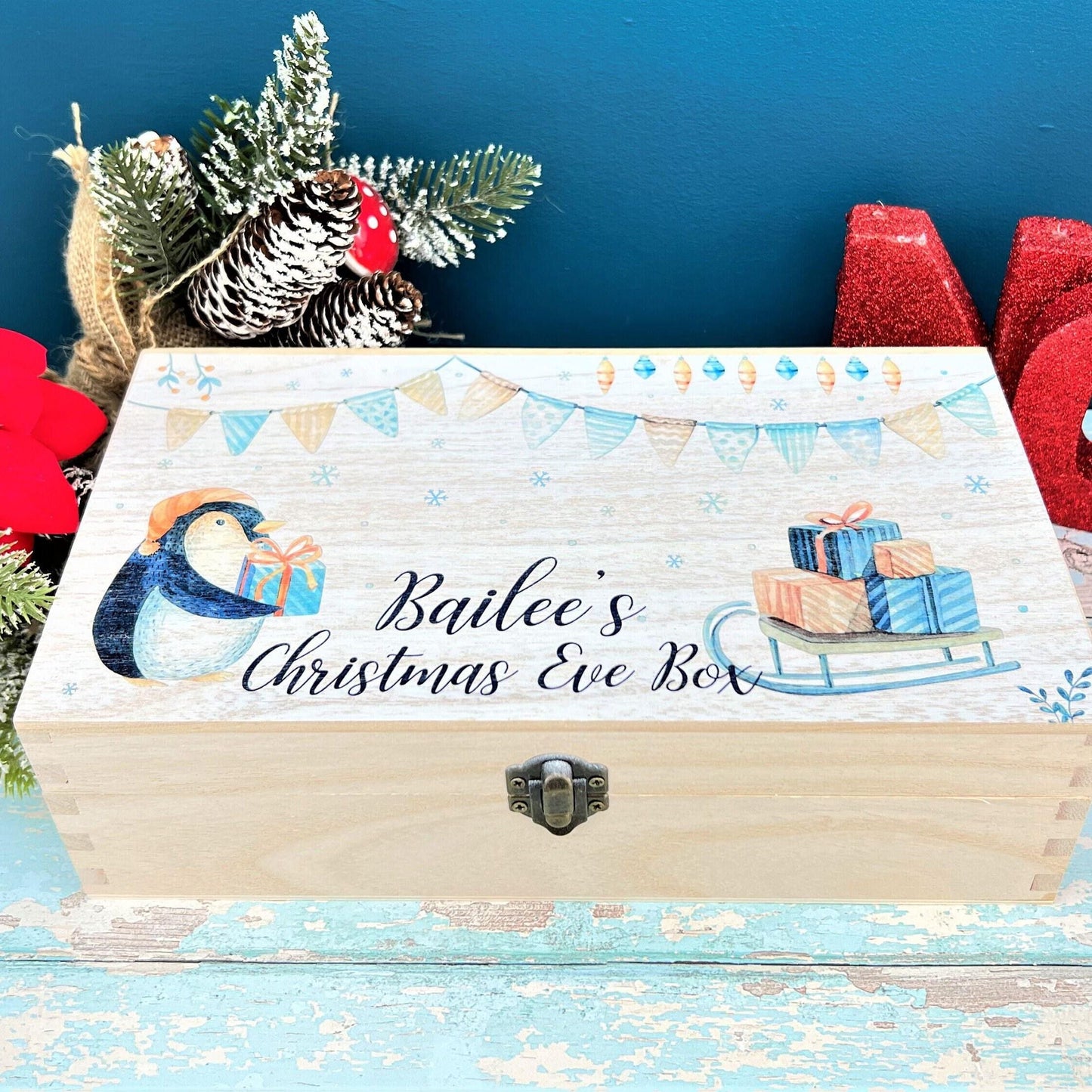 Penguin Christmas Eve Treats - Printed Wooden Rectangle Box - Personalised XMAS Gift