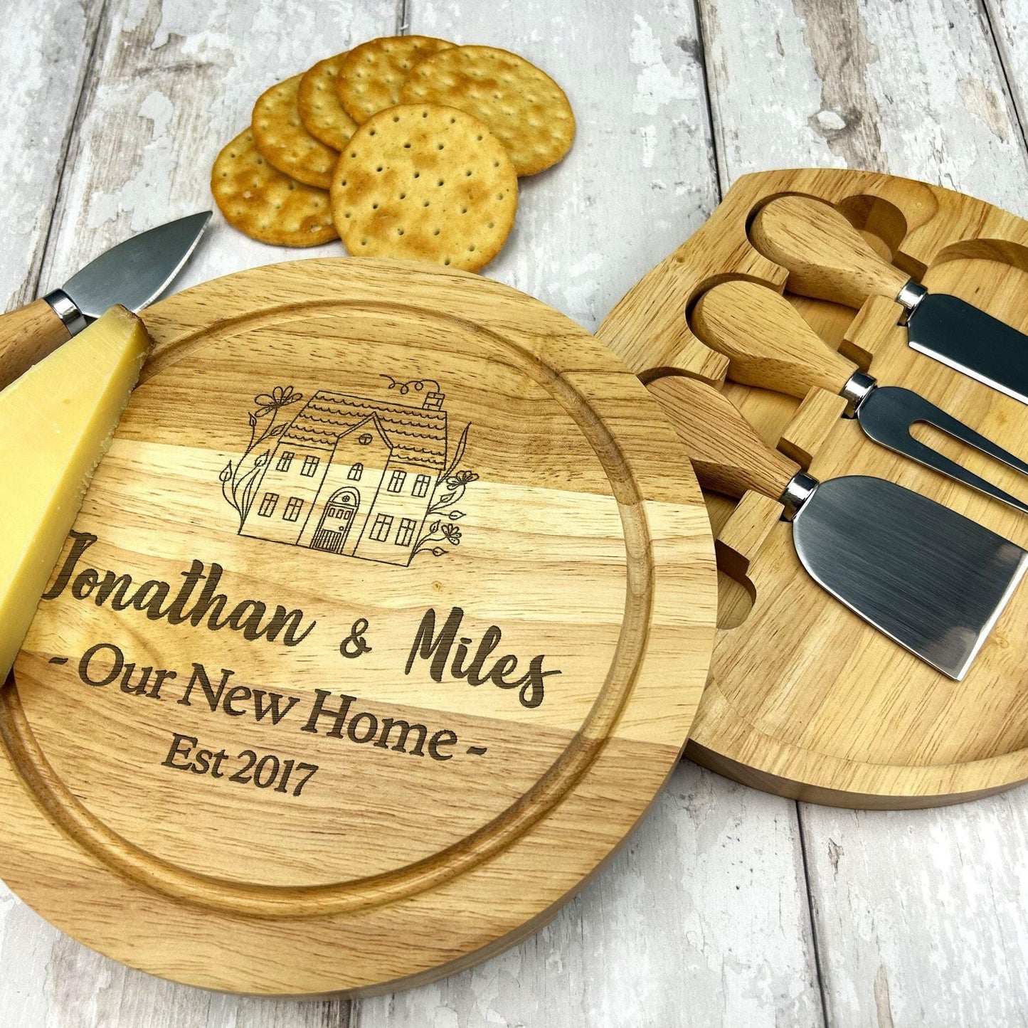 Our New Home Housewarming / First House Cheese Board Set with Utensils - Wooden Engraved Personalised Gift
