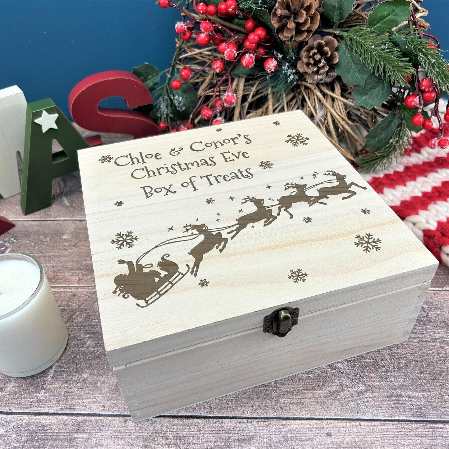 Santa Sleigh and Reindeer Silhouette Engraved Personalised Christmas Eve Box