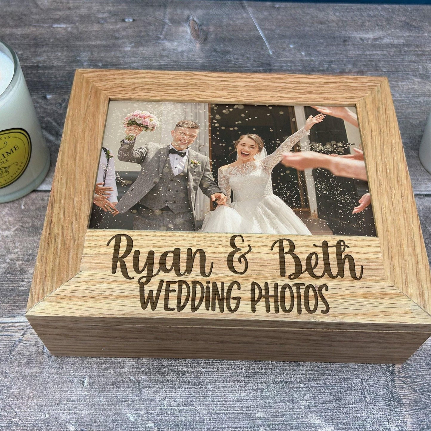Wedding Photos - Personalised Memory Box - Photos 6x4 7x5 Holder - Wedding anniversary Gift - Solid Oak