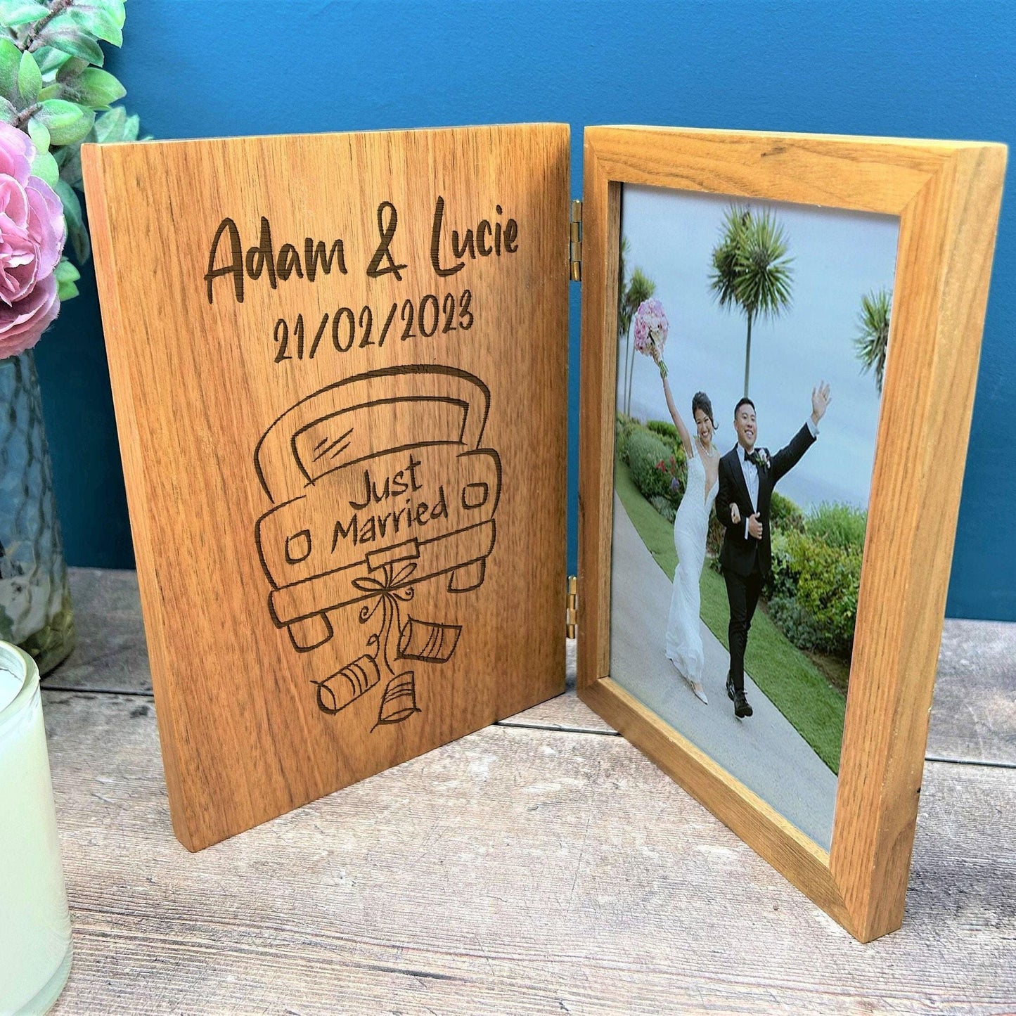 Just Married Car Design Personalised Oak Photo Frame - Wedding Gift