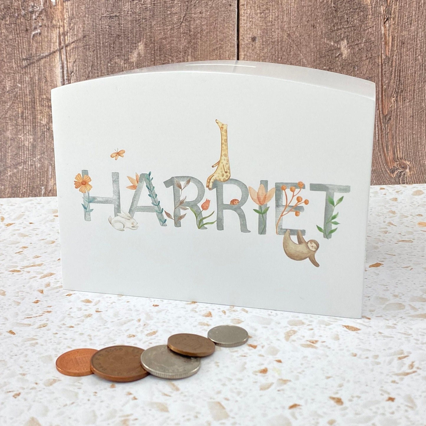 Watercolour Animal Theme Wooden Money Box - Personalised - Children's Saving - New Baby / Christening Gift